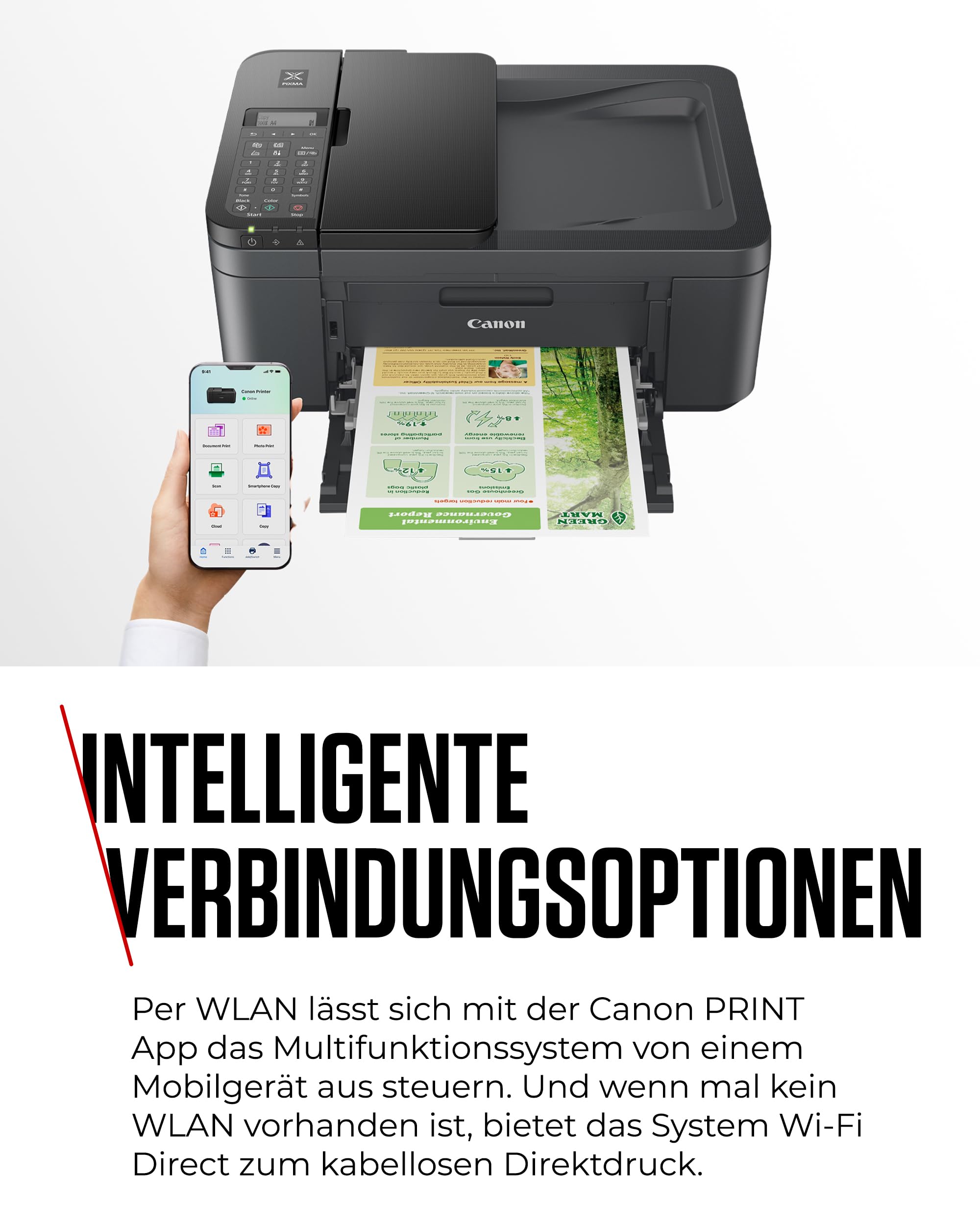 Canon PIXMA TR4755i Multifunktionsdrucker 4in1 (Tintenstrahl, Drucken, Kopieren, Scannen, Faxen, A4, 20 Blatt ADF, kompatibel mit Pixma Print Plan) schwarz - Enthält GP-501 A4-Fotopapier, 5 Blatt