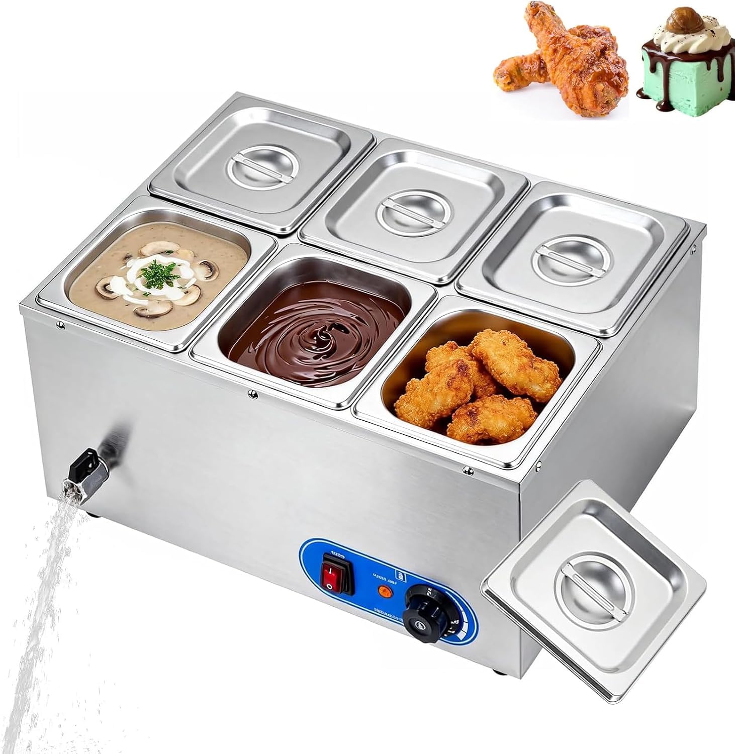 Gewerblicher Speisenwärmer aus Edelstahl mit 6 Behältern, 1500 W Leistung, einstellbarem Buffet-Serviergerät, Thermostat (30–80 °C), für Gastronomie und Privatgebrauch