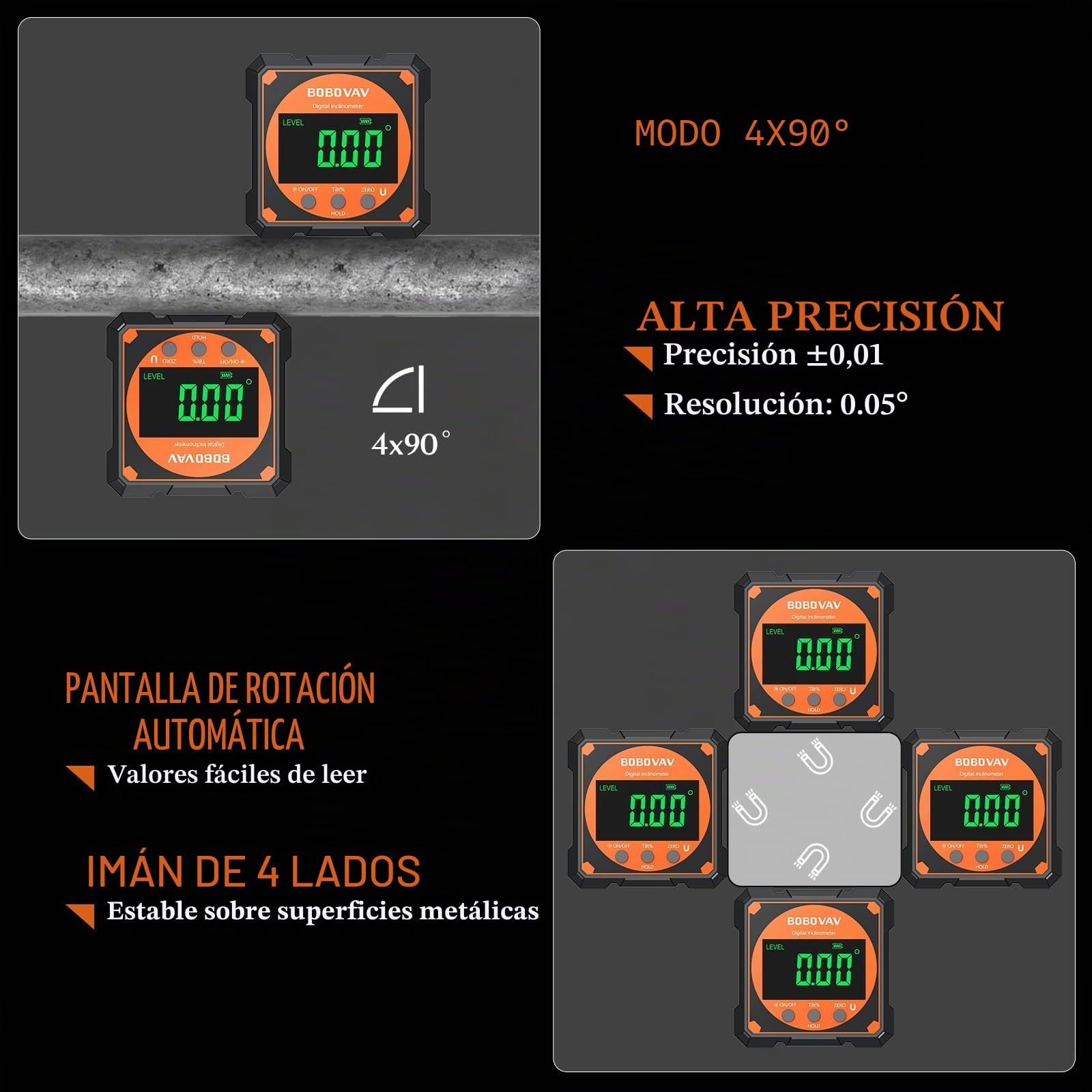 Medidor Nivel Digital Laser Inclinómetro Magnético de 4 Caras laterales con Láser Recargable, Medidor de Ángulo 4 * 90°,con Nivel Electrónico para Tuberías, Carpintería, Marcos