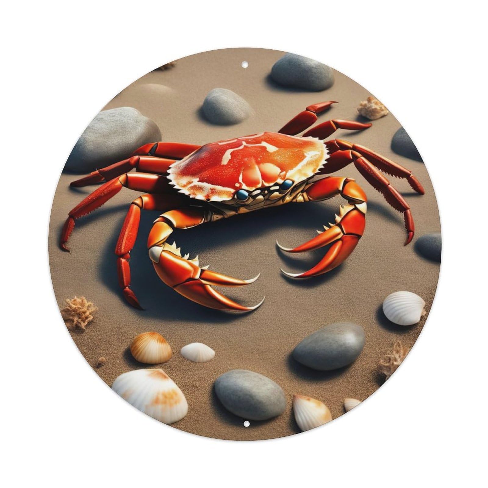 Animal Artwork Red Crabs on The Beach Vintage Metal Tin Sign Plaque Wall Decor for Cafe, Club, Garden Round Metal Poster 8x8Inch