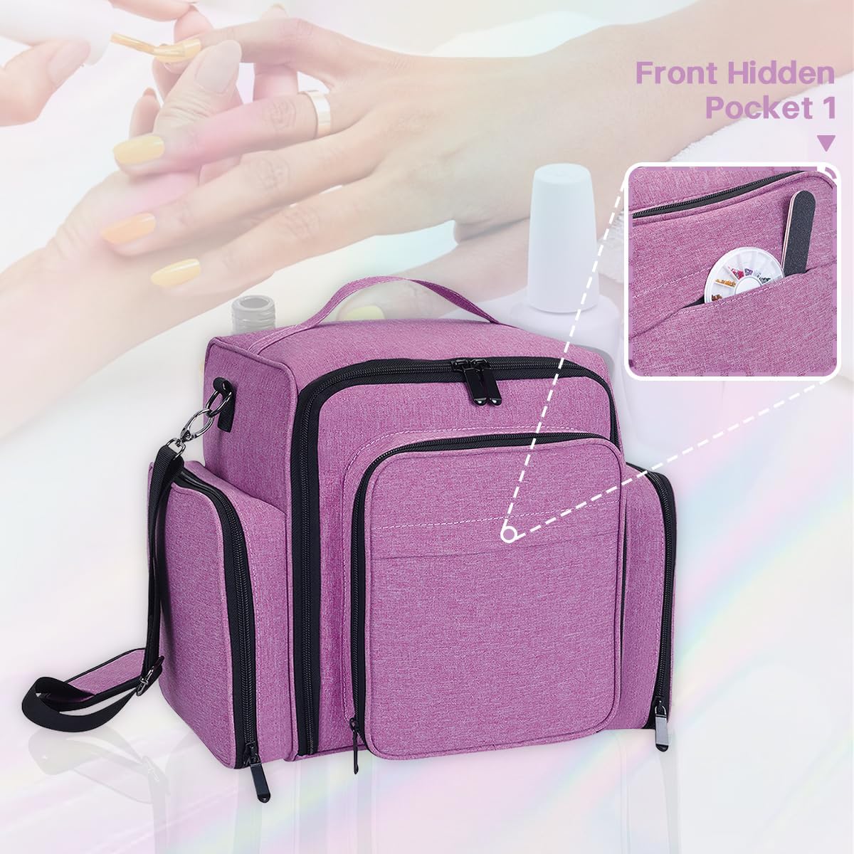 Nail Polish Organizer Holds 60 Bottles and a Nail Lamp,Portable Travel Case with 2 Removable Bags and Tools Storage Pockets Purple