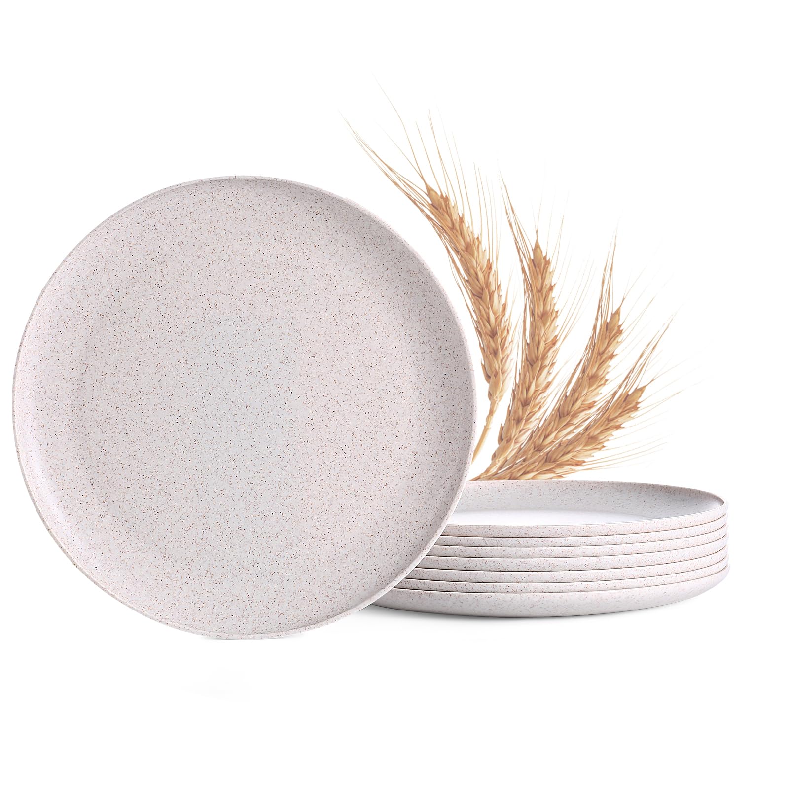 MISS BIG 10 inches Wheat Straw Plates,Plastic Plates Set of 8,Extra Large Unbreakable Dinner Plates,Dishwasher&Microwave Safe,Eco-Friendly,BPA Free,for Camping and Party use(Wheat White)