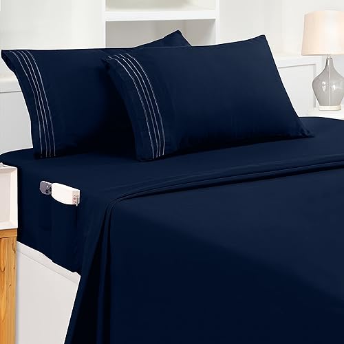 Utopia Bedding Queen Sheet Set – Soft Microfiber 4 Piece Luxury Bed Sheets with Deep Pockets - Embroidered Pillow Cases - Side Storage Pocket Fitted Sheet - Flat Sheet (Navy)
