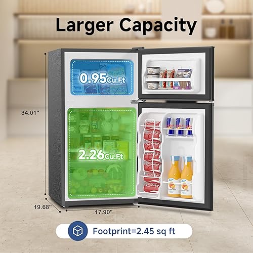 Miniatura 2 de BANGSON Mini refrigerador con congelador, refrigerador pequeño de 2 puertas con congelador, refrigerador pequeño para dormitorio, 3.2 pies cúbicos,