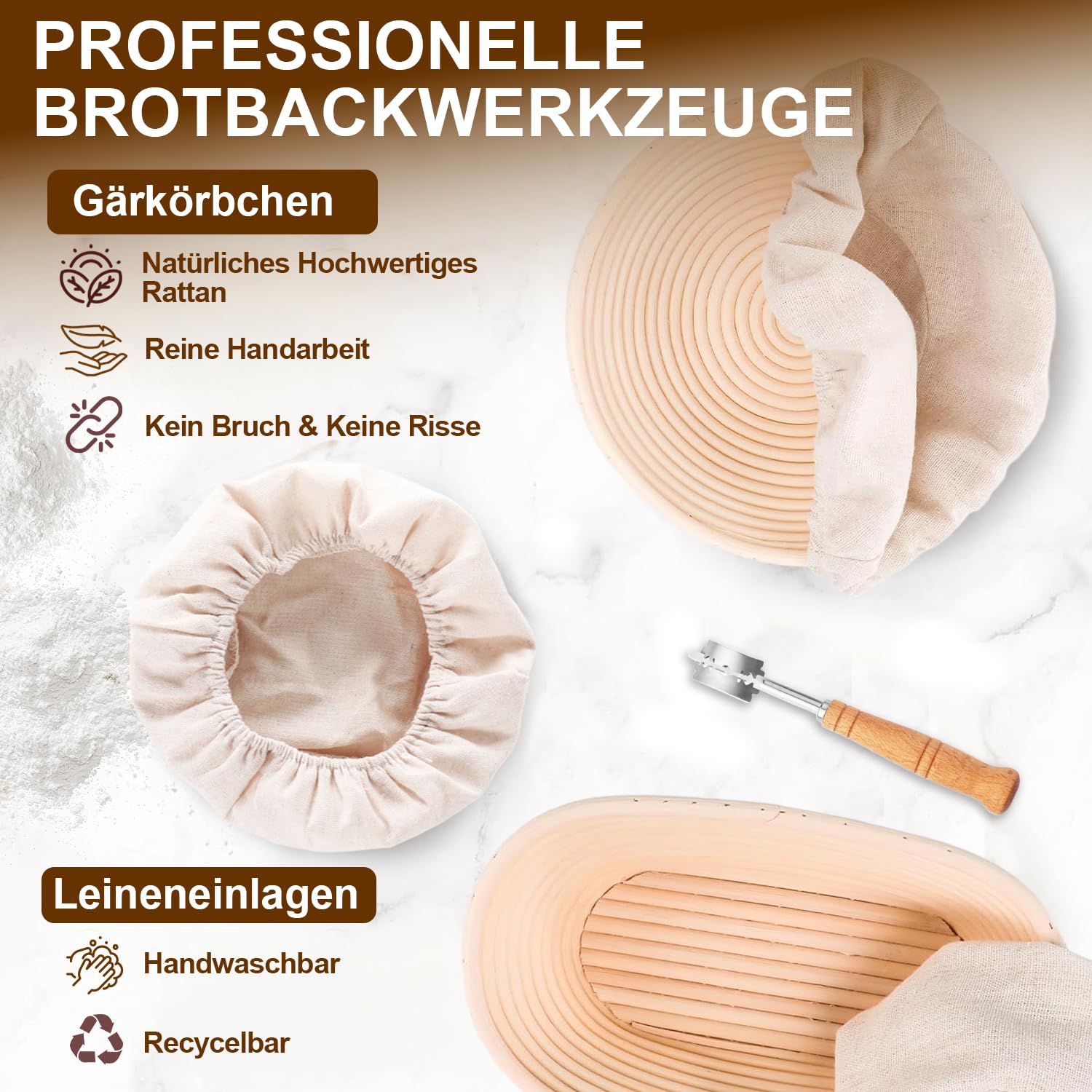 Komplettes Gärkörbchen Sauerteig Starter Set, 2 Gärkorb (25cm Ovale & 23cm Runde), 900ML Sauerteig Glas Set, Brotbackzubehör kit, Brot Backen Zubehör für Anfänger, Erfahrener Bäcker