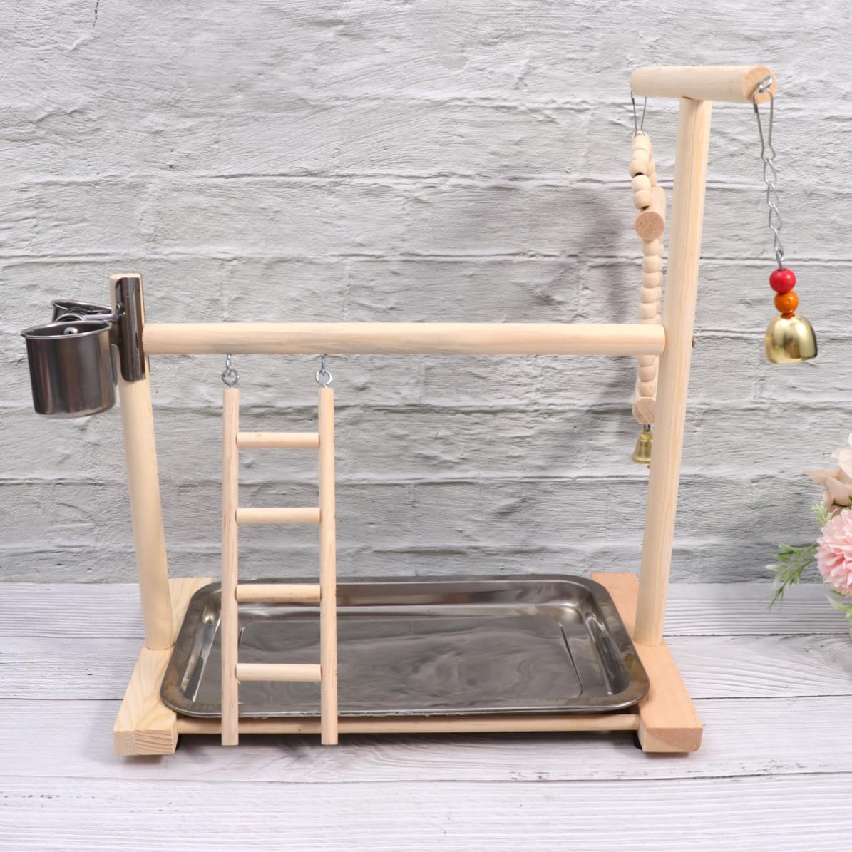 VICASKY Parrot Playground in Legno e Acciaio Inox, Wooden Parrot Playground Altalena e Scala, Giocattolo per Pappagalli per Gabbia e Giardino Colore Casuale