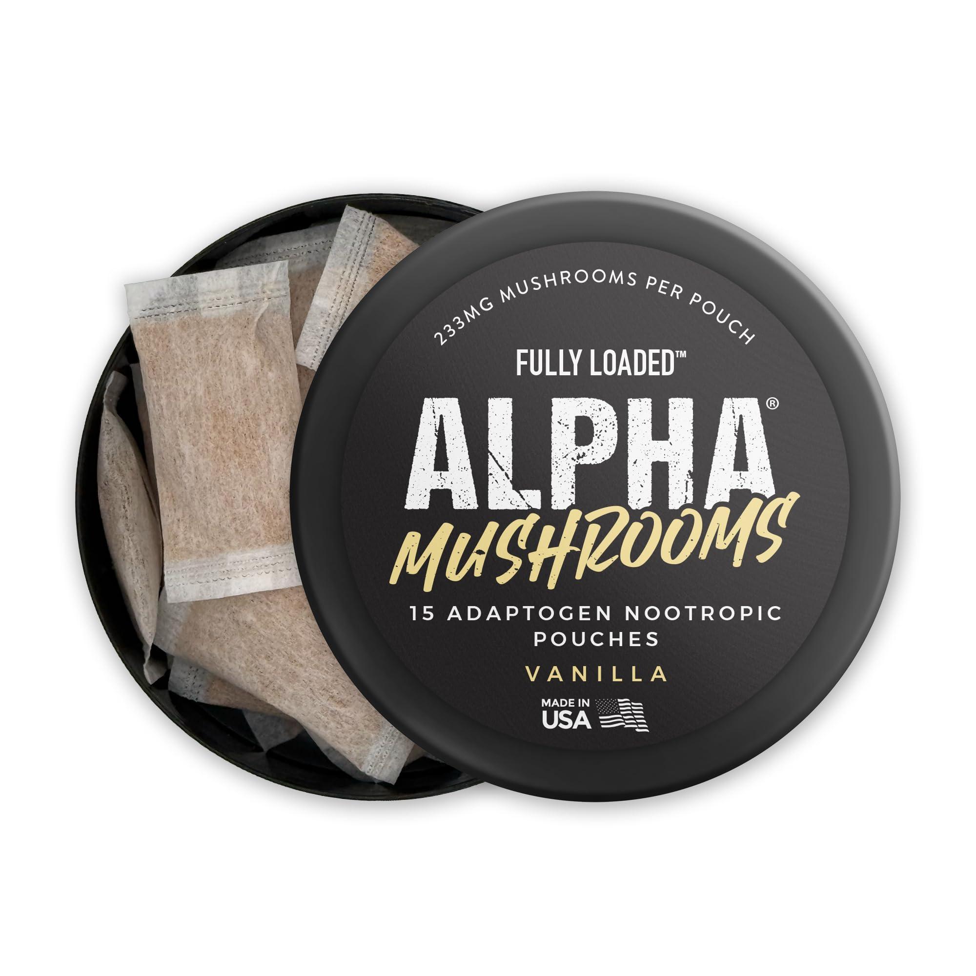 Fully Loaded Alpha Mushroom Pouches - Adaptogen Nootropic Pouches (5-Pack, Vanilla) - Lion's Mane, Cordyceps, & Chaga - 5 cans, 15 Pouches per can - Functional Mushrooms - Made in the USA — Amazon image 9