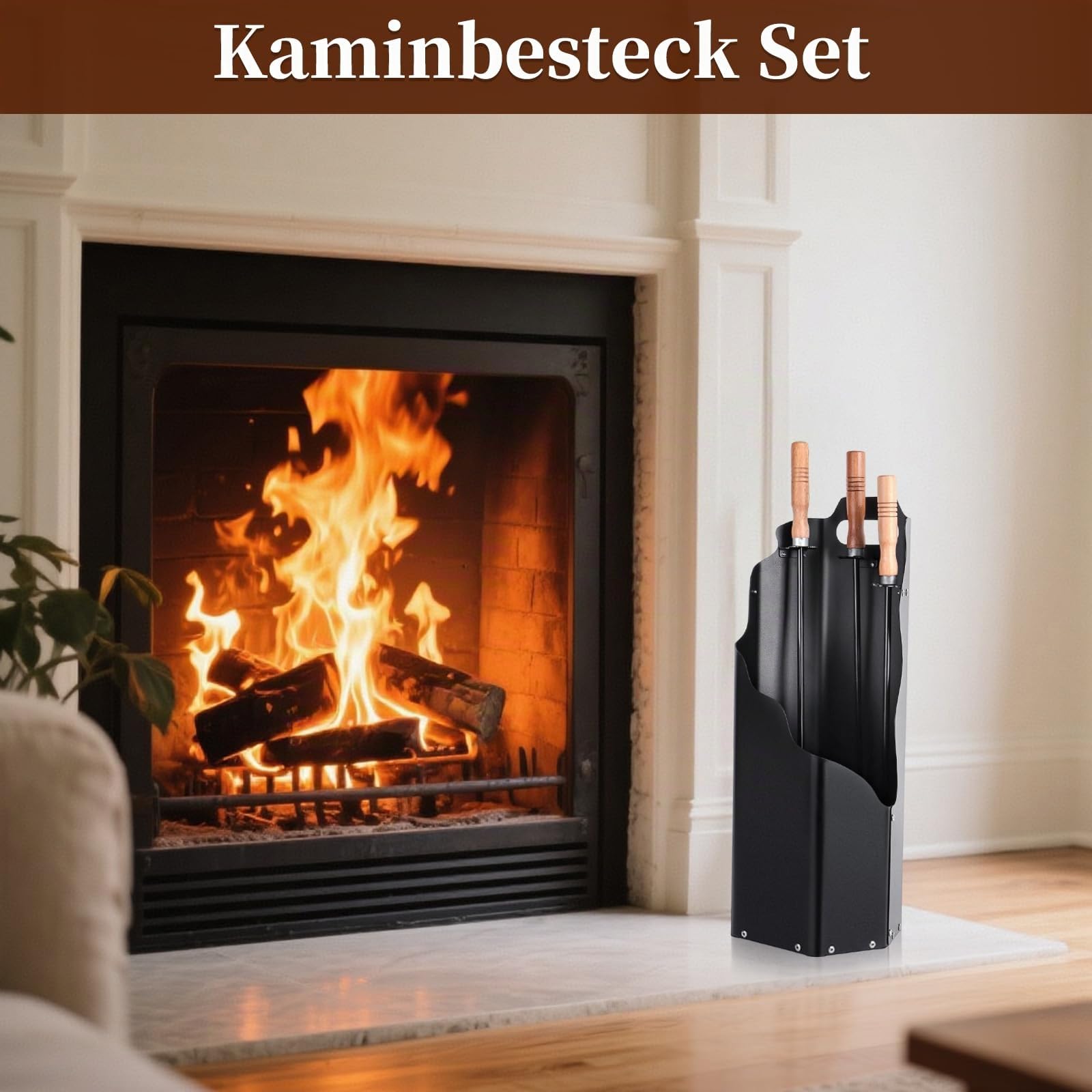 Kaminbesteck, 4-teilige Ofenbesteck Kaminbesteck,Kamingarnitur mit Schaufel, Besen, Schürhaken & Halter, Ofenbesteck modern,langlebiges Kaminwerkzeug-Set