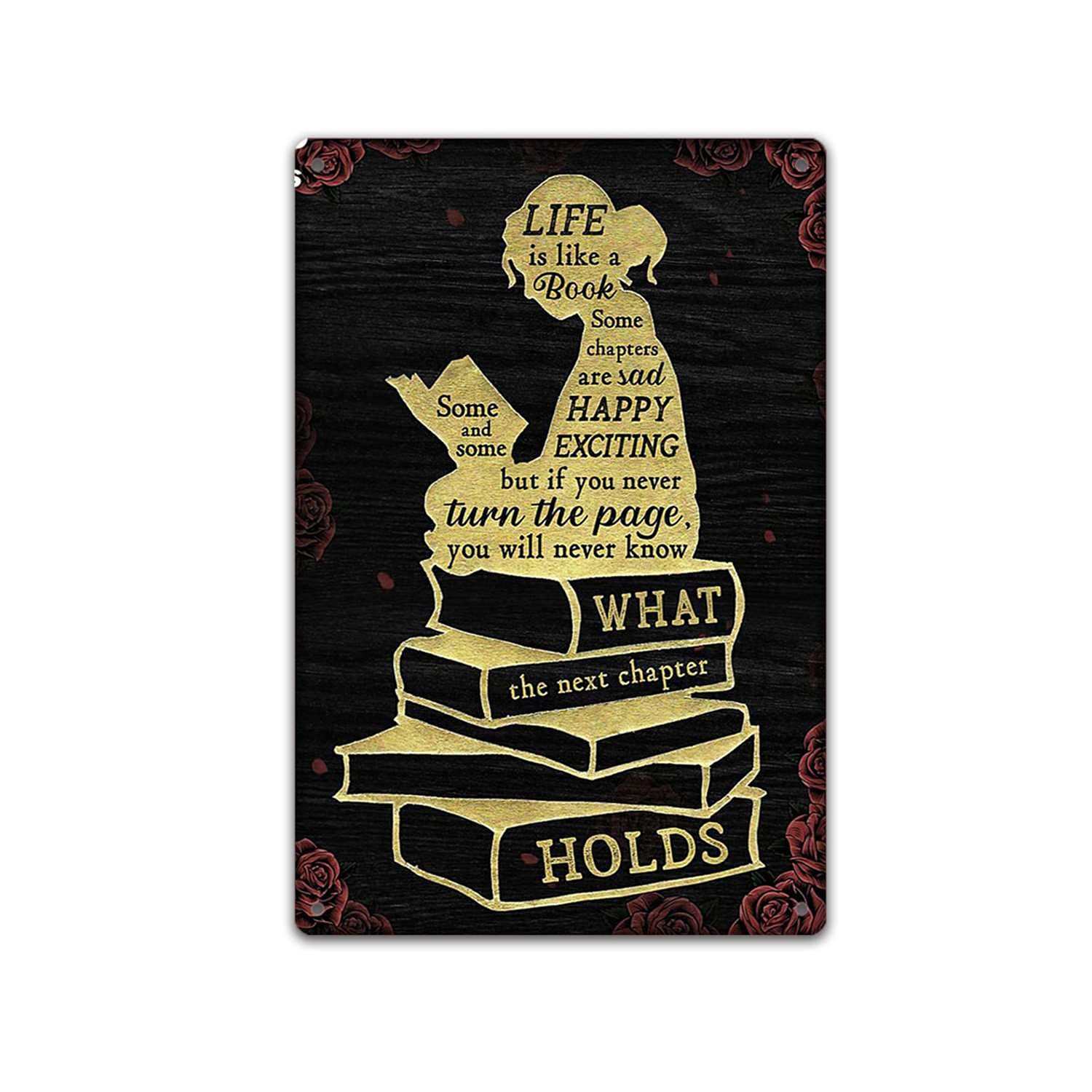 peiyeety Metal Tin Sign Vintage Life Is Like A Book Cat Art, Inspirational Book Themed Home Accent, Durable Plaque for Bedroom, Living Room, Office,12x16 Inch