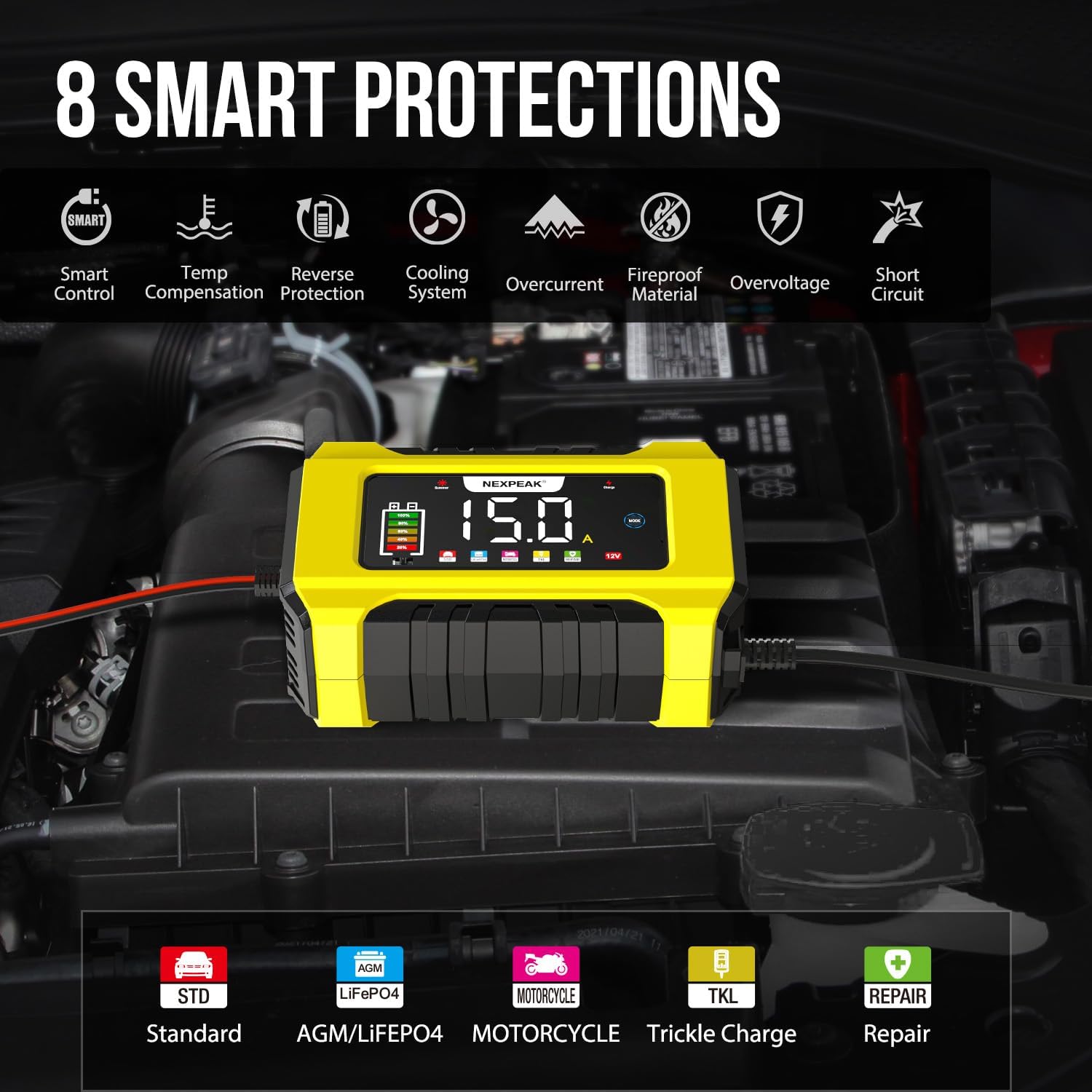 NEXPEAK NC215 15-Amp Battery Charger, Trickle Charger Car Battery Charger 12V 24V LiFePO4 Lead Acid Portable 9-Stage Smart Battery Maintainer w/Temp Compensation for Car Truck Lawn Mower Boat Marine