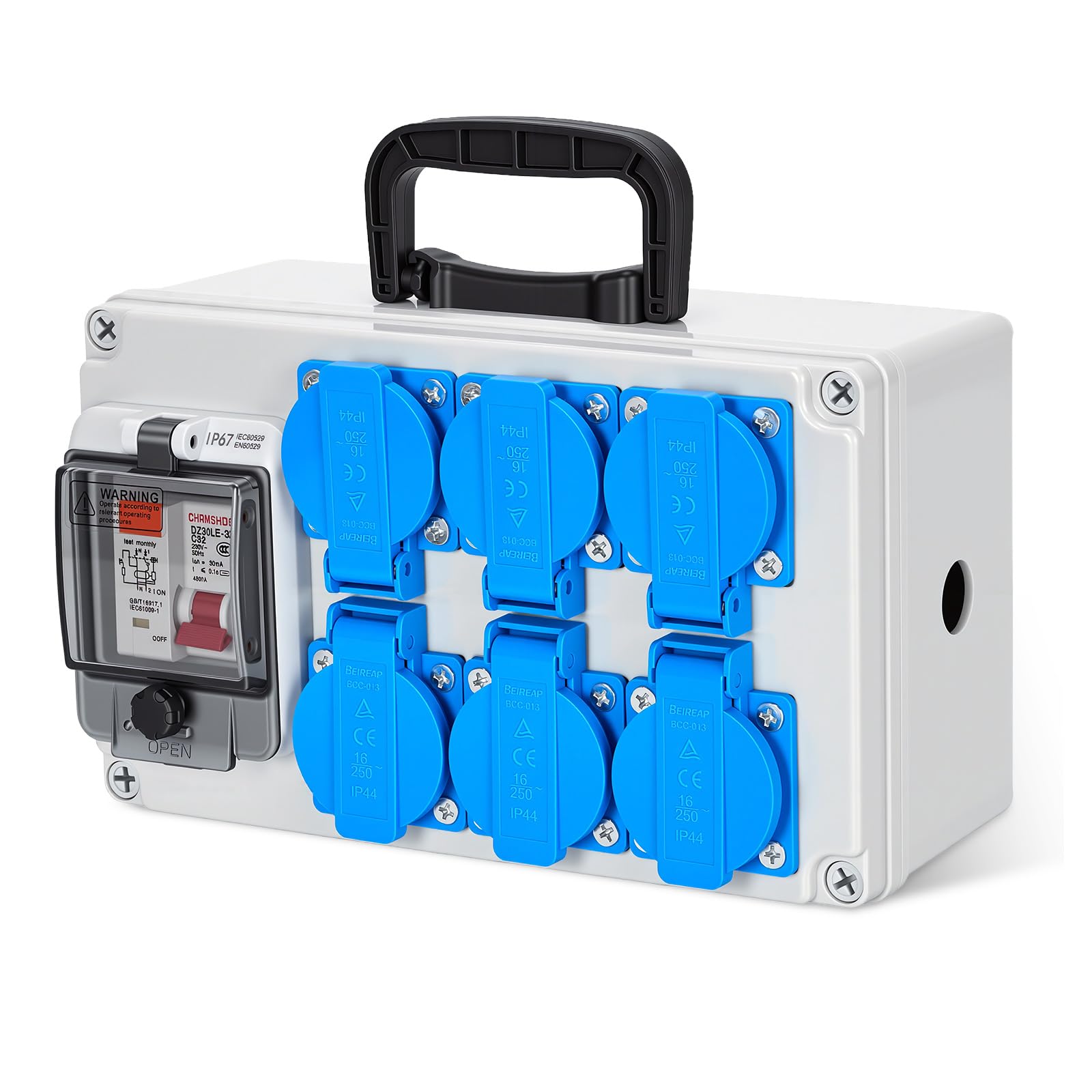 Coffret de chantier 16A IP67 avec 6 prises Schuko & interrupteur différentiel 30mA, Boîtier de distribution électrique 230V, Réglette étanche murale avec disjoncteur de protection