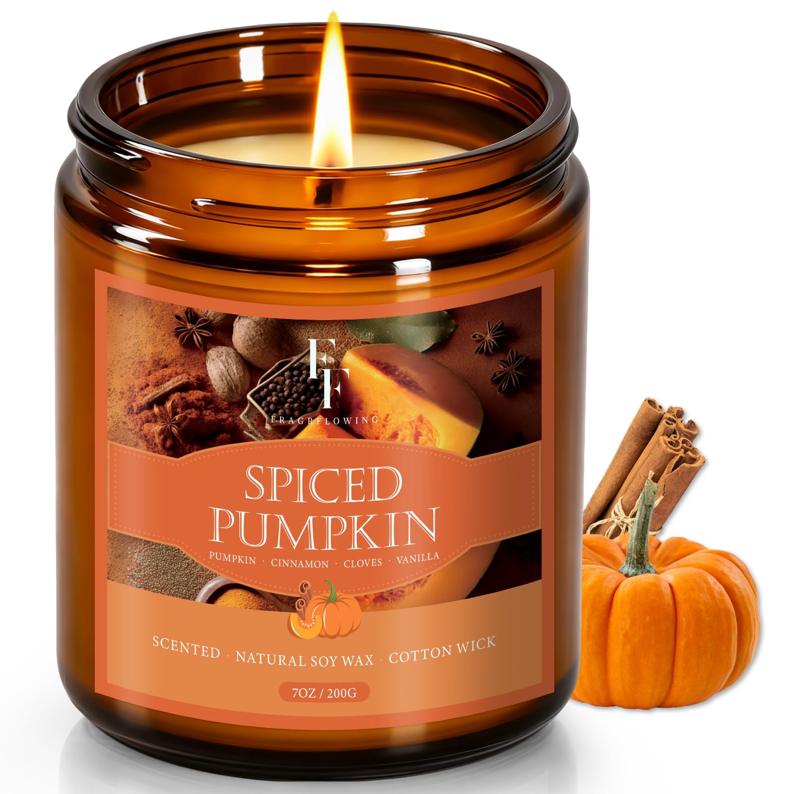 Fall Candle, Spiced Pumpkin Scented Candles for Home, Natural Soy Autumn Candle Aromatherapy Candle, 7 oz Jar Candles Fall Gifts for Women Men