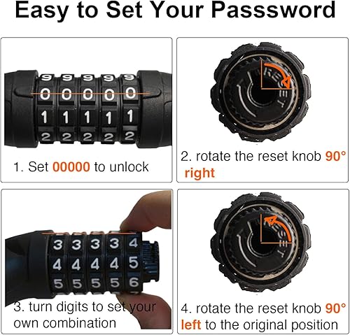 Miniatura 6 de Cadena de bloqueo de bicicleta, combinación de 5 dígitos, cerradura de cadena antirrobo de alta resistencia, 3.2 pies de largo, cerraduras de