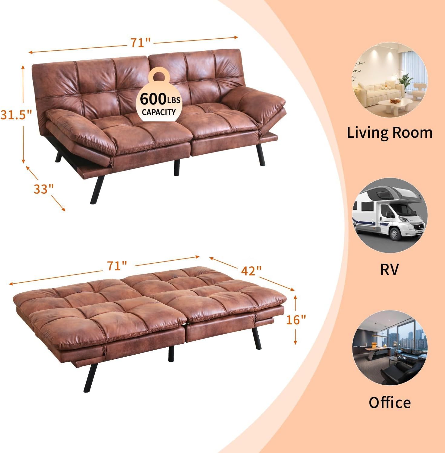 MUUEGM Futon Sofa Bed 71" Walnut Convertible Memory Foam Futon Couch Bed Modern Loveseat Sleeper with Adjustable Backrests Armrests for Living Room,Small Space,Office