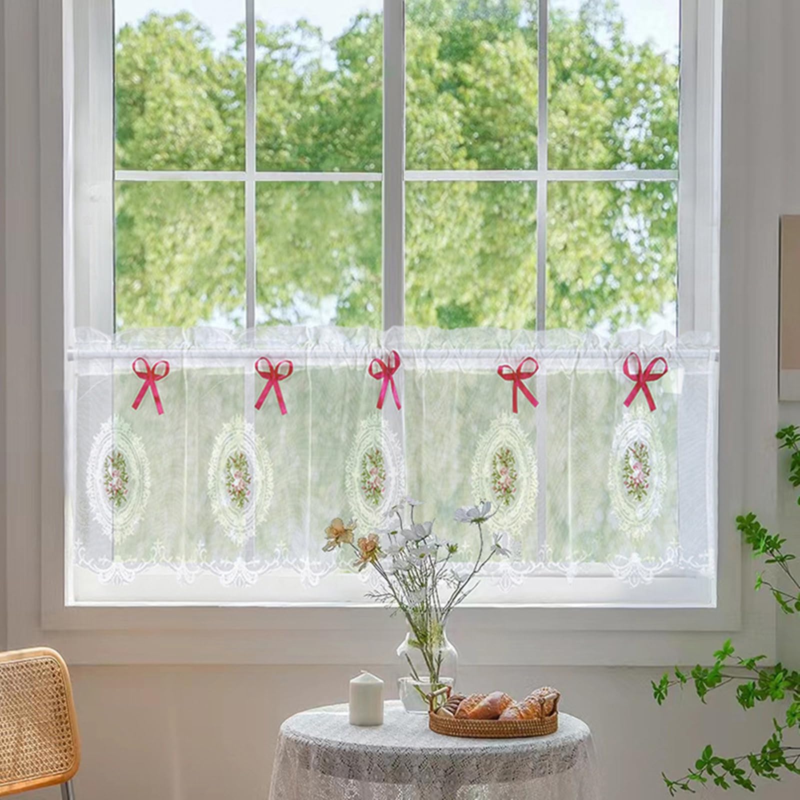 Cortina de cocina semitransparente con bolsillo, visillo de poliéster floral 132x46 cm