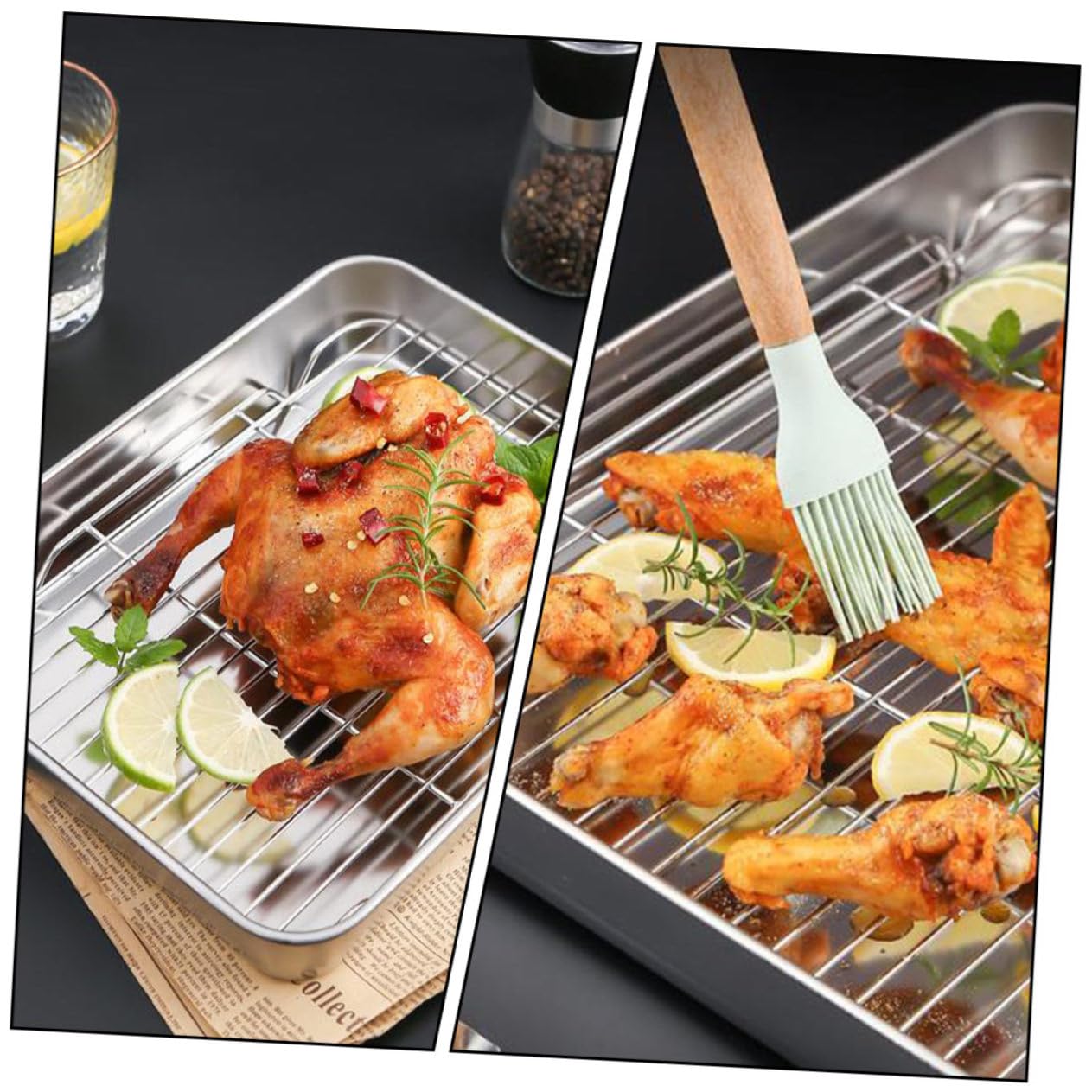 ULTECHNOVO Edelstahl Backblech Satz mit Rostfreiem Gitter Großer Volumen Backform im Japanischen Stil für Backen und Rösten Silberfarben