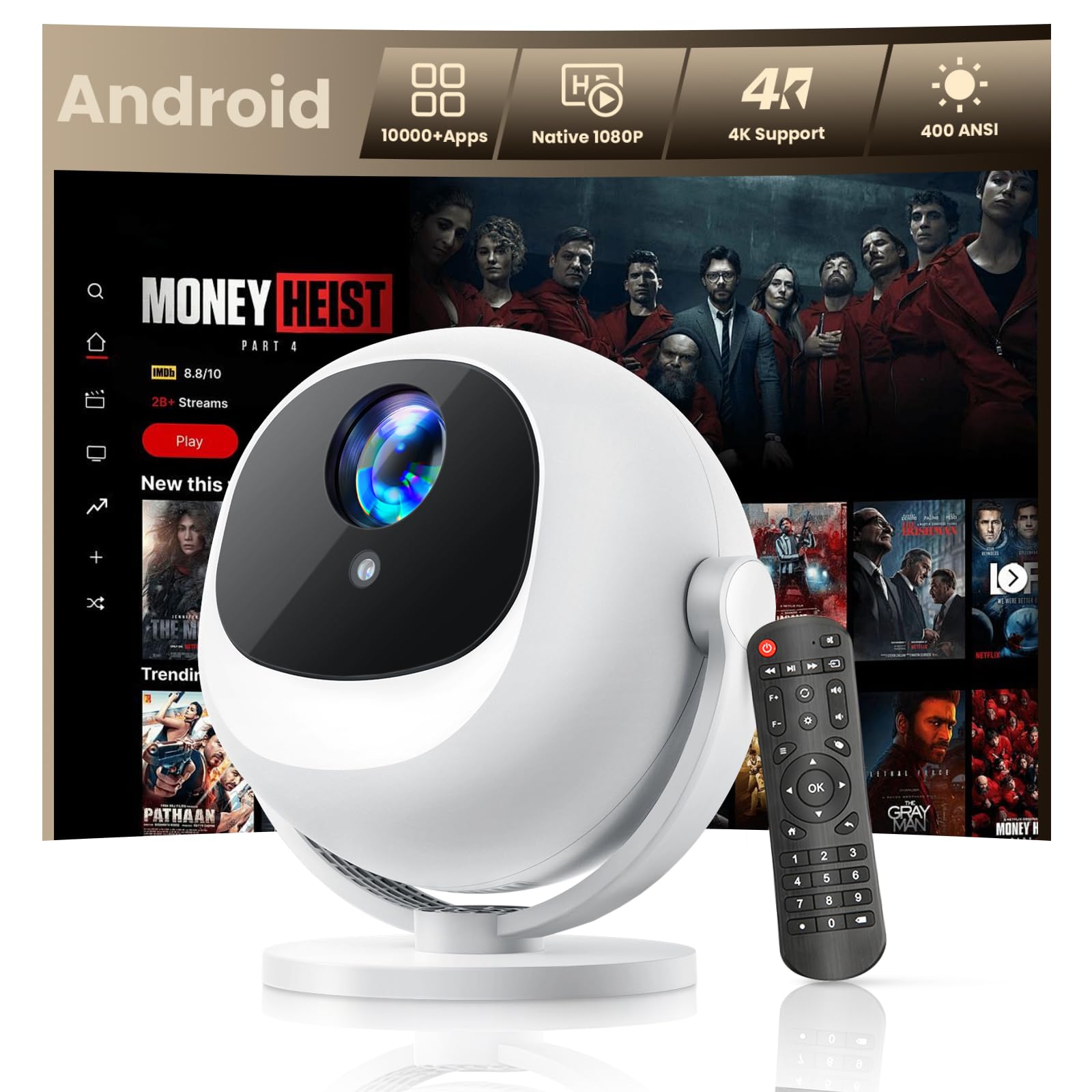 GEEKERA Vidéoprojecteur 2026 avec Android OS, 1080P Natif Supporte 4K, Projecteur Vidéo Portable avec Netflix Intégré, WiFi Bluetooth, 400 ANSI, Focus Électrique/Keystone Auto, Home Cinéma