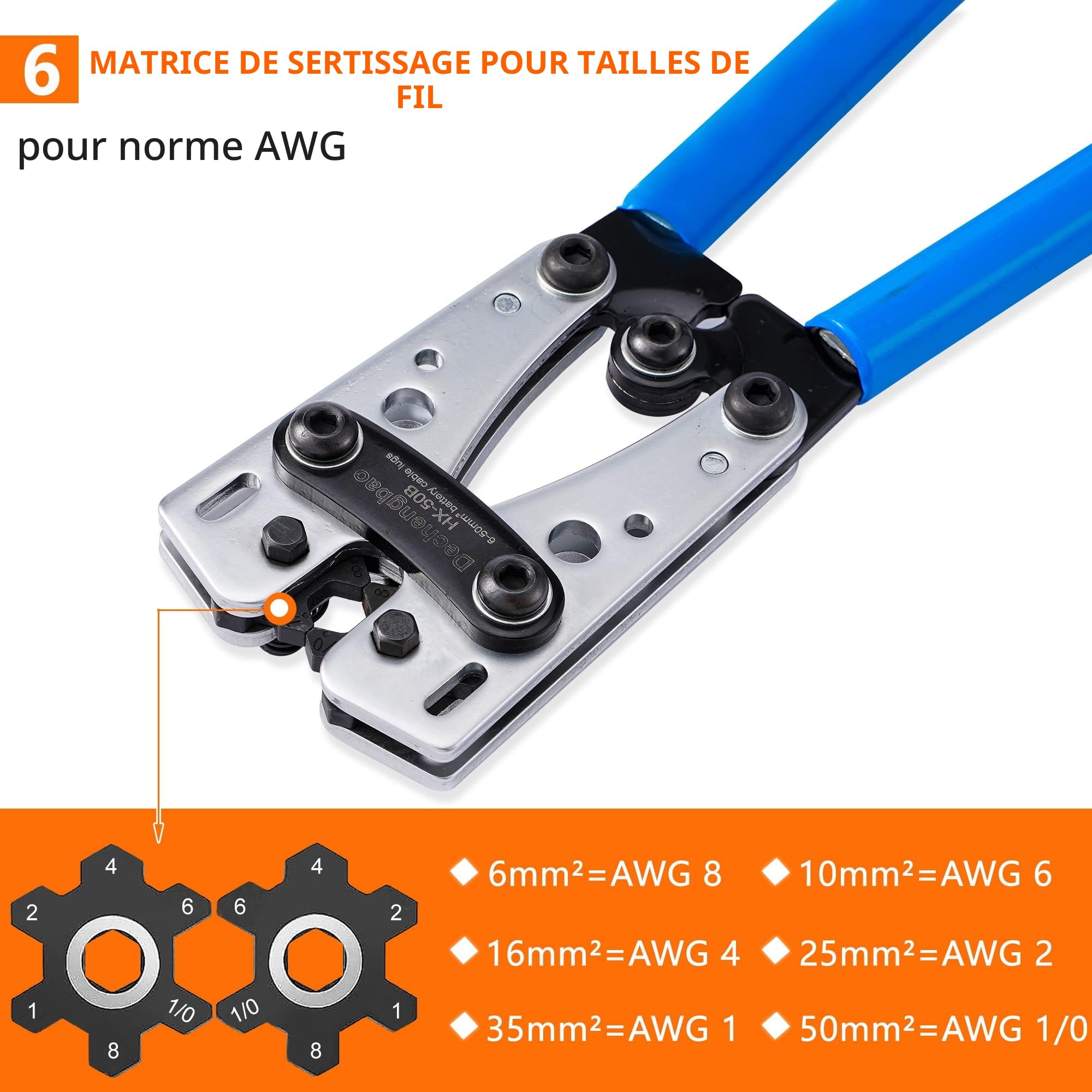 Pince à sertir pour câble de batterie de 6 à 50 mm² (10 à 1 AWG) avec 60 cosses en cuivre, 8 tailles, pince à sertir robuste pour borne de fil de batterie