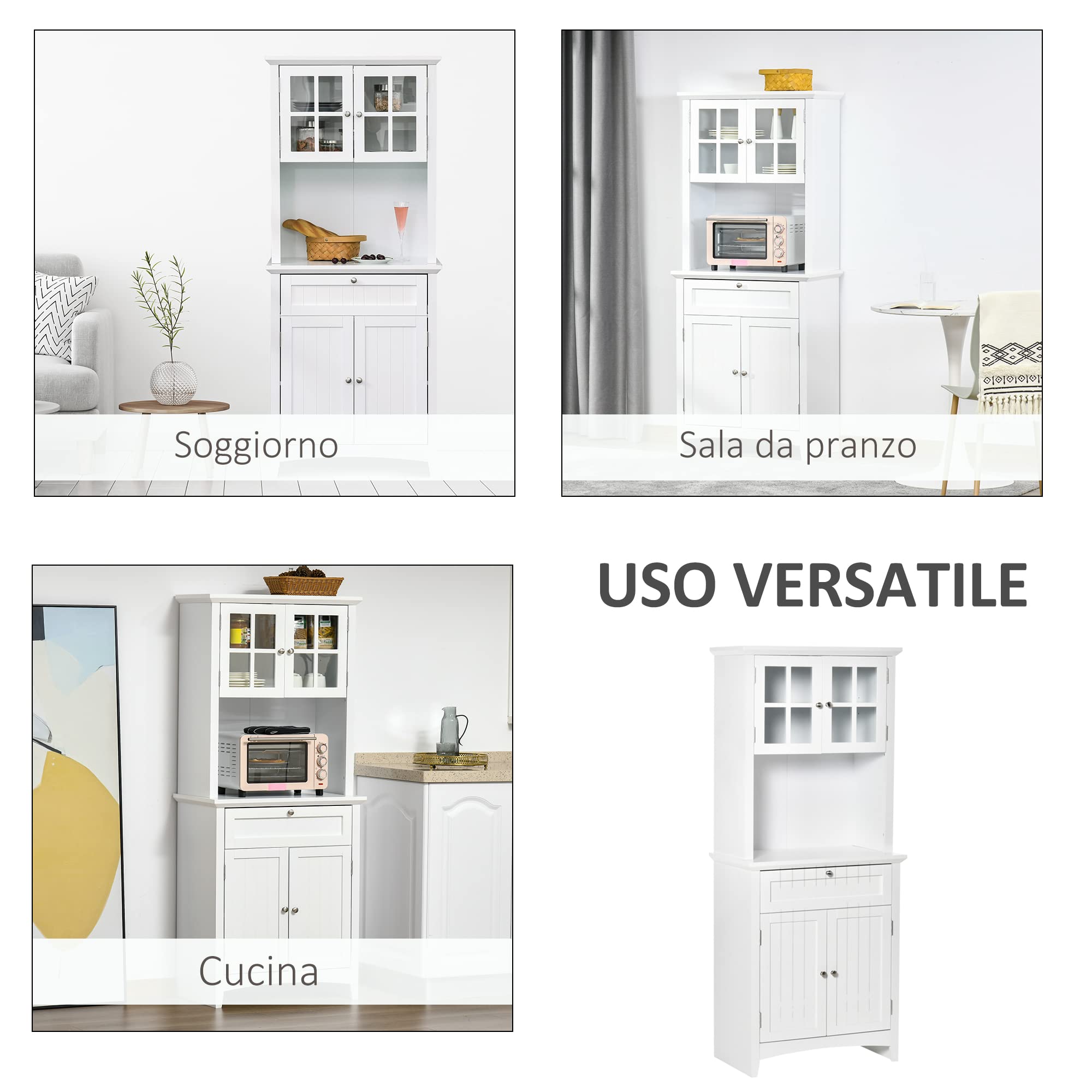 HOMCOM Credenza Cucina Alta, Mobile Dispensa con 2 Armadietti, Ripiani Regolabili, Ante in Vetro, Cassetto e Piano d'Appoggio, in MDF, per Cucina e Sala da Pranzo, 68.6x40x164 cm, Bianco