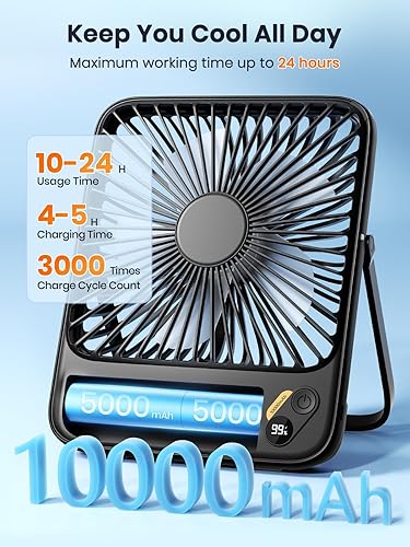 Miniatura 2 de Warmco Ventilador de viaje portátil de 10000 mAh de 7 pulgadas, máximo 24 horas de funcionamiento, ventilador de escritorio ultra delgado y