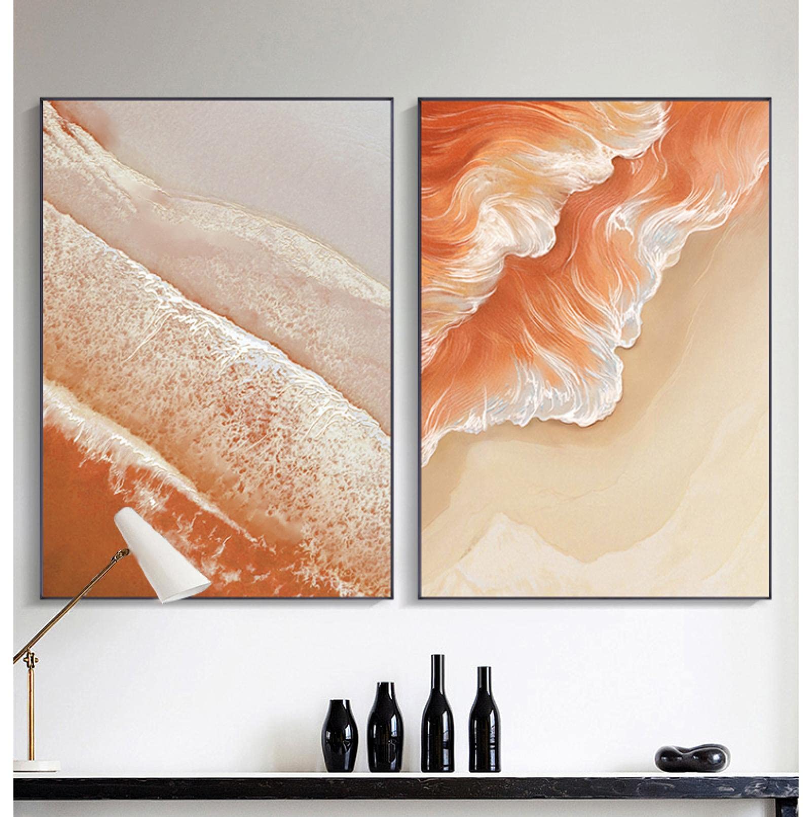Toile peinture paysage marin abstrait orange mer vagues plage moderne mur art salon 60x80cm