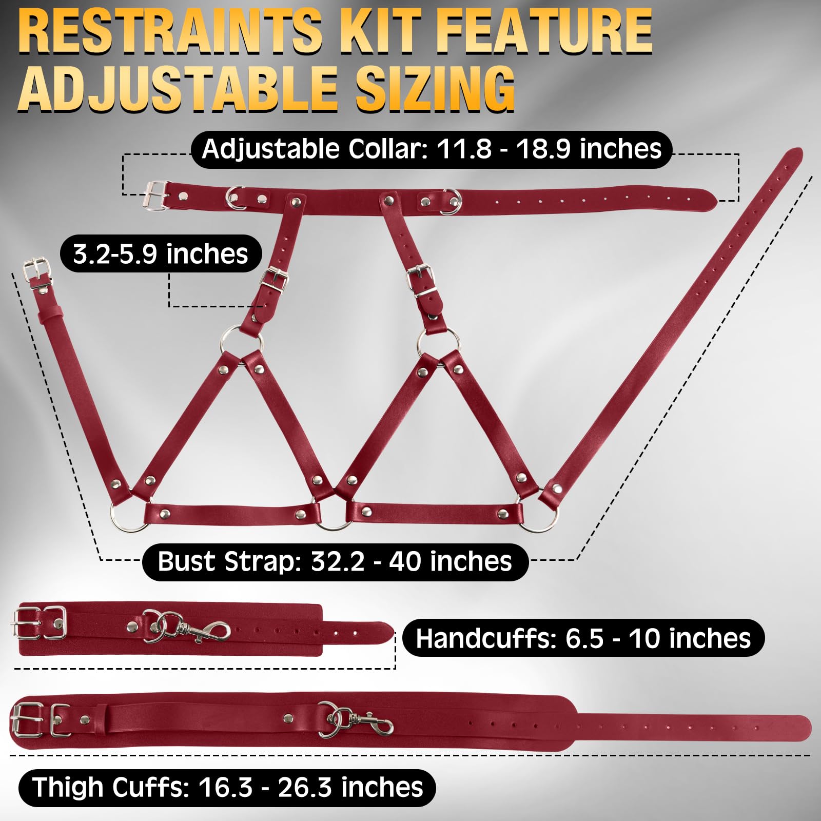 BDSM Sex Bondage Breast Restraints Thigh Sling, Leather Neck to Thigh Chest Restraints Harness Bed Restraints, Wrist & Thigh Cuffs Kinky Lingerie Bra, SM Games Sex Toys for Women & Couples (): Red