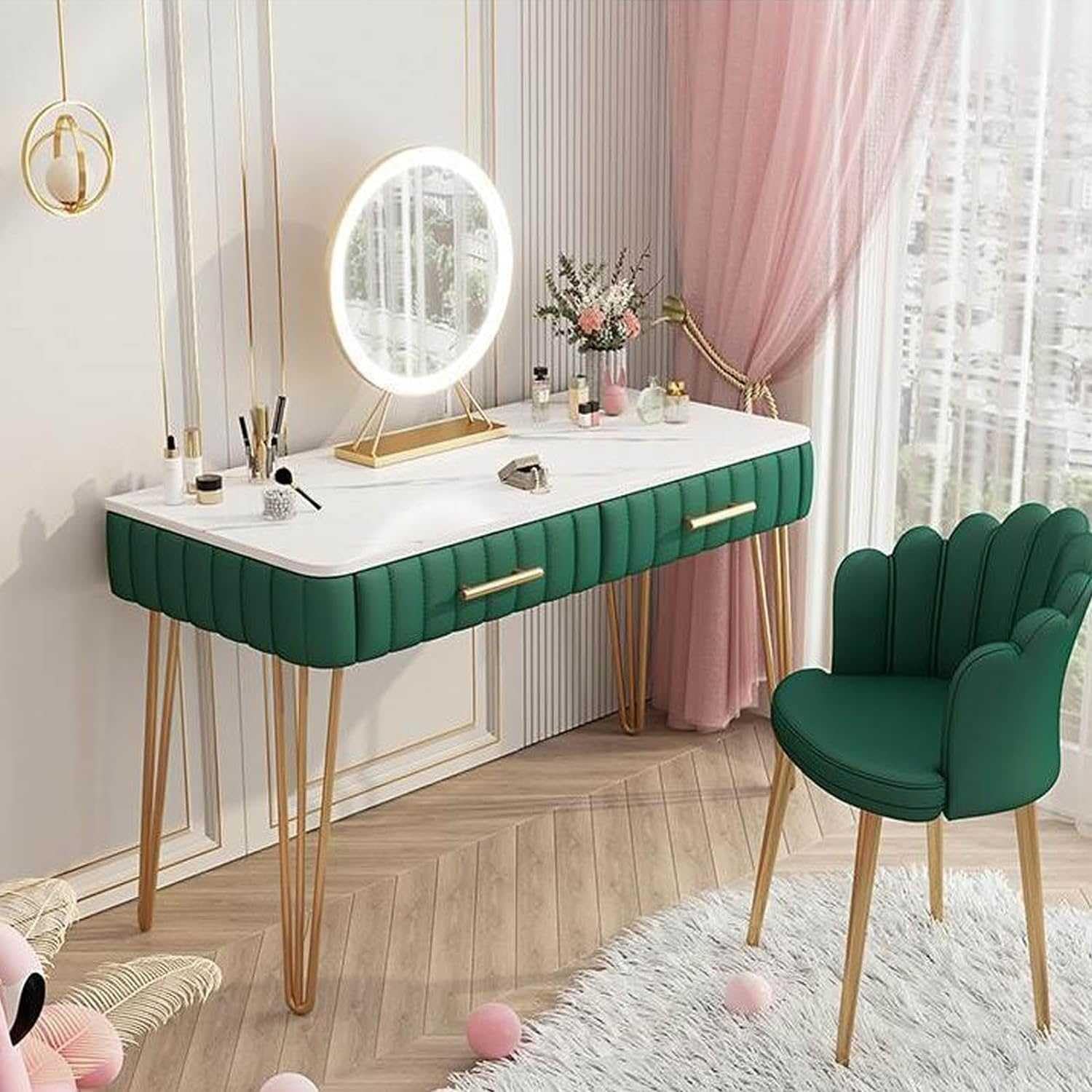 Elegante set da toeletta con 2 grandi cassetti e robusta postazione trucco per donne e ragazze, gambe in metallo e specchio, decorazione per camera da letto