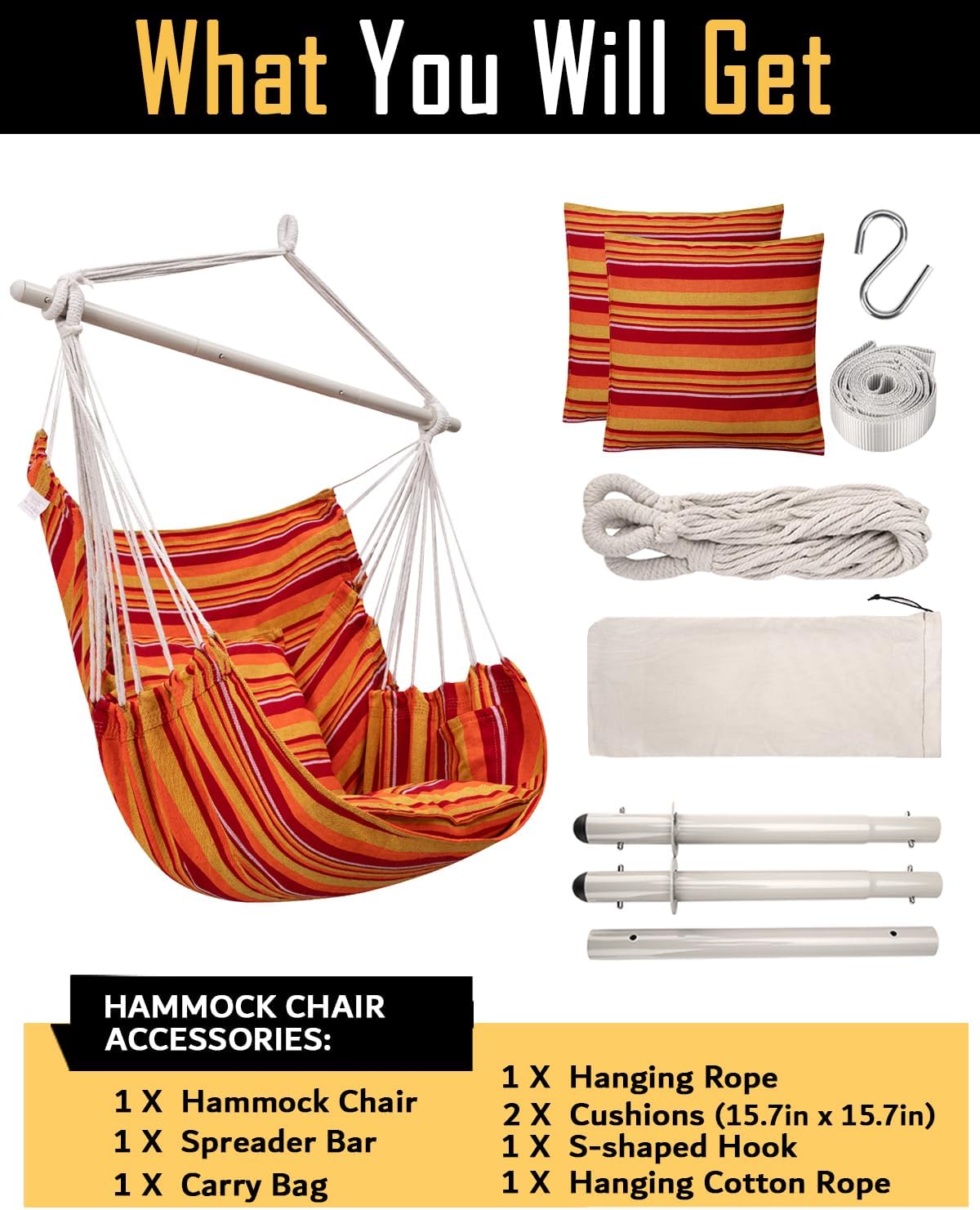 ADVOKAIR Hammock Chair Hanging Chair Swing Large Indoor with Anti-Slip Steel Spread Bar and Pocket-Max 500lbs-2 Cushions, Perfect for Bedroom,Outdoor,Patio, Porch,Backyard… - Image 7