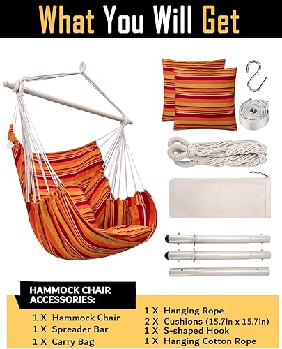 Miniatura 7 de Silla hamaca colgante grande para interiores con barra de extensión de acero antideslizante y bolsillo, máximo 500 libras, 2 cojines, perfecta para