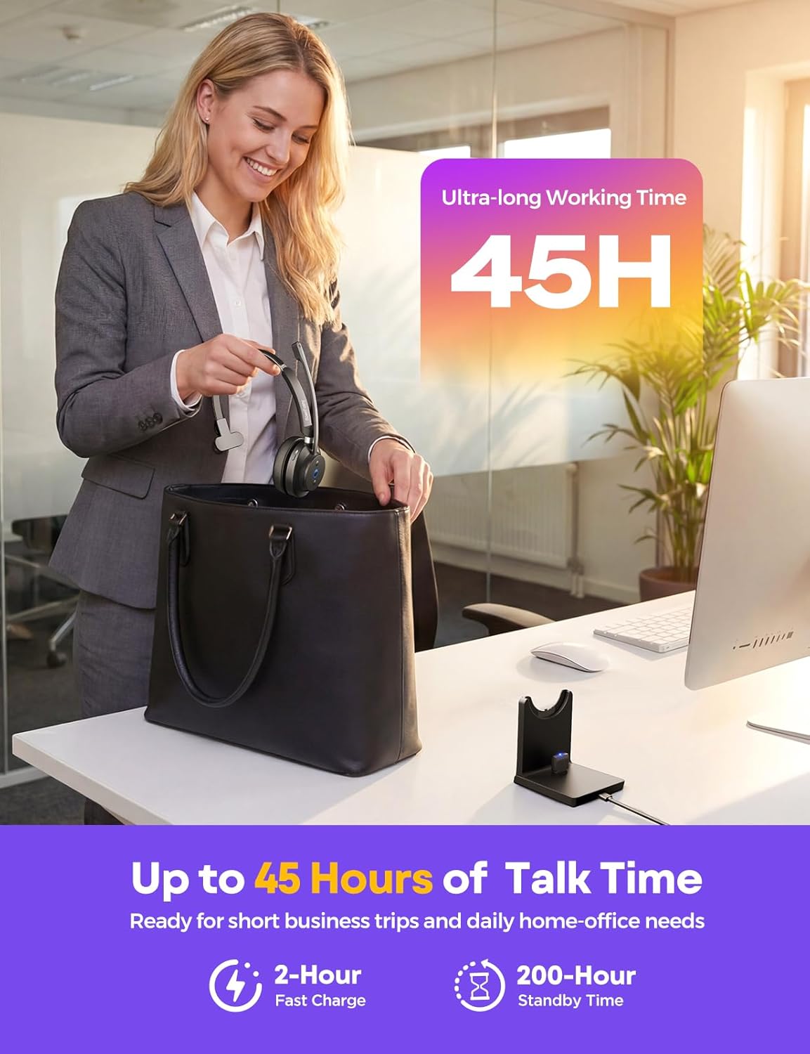 Wireless Headset with Mic for Work, Clear Sound & Comfortable Computer Headset with Microphone, Bluetooth Headset with Charging Base & USB Dongle for Home/CallCenter/Teams/Zoom/Skype(Black) - Image 7