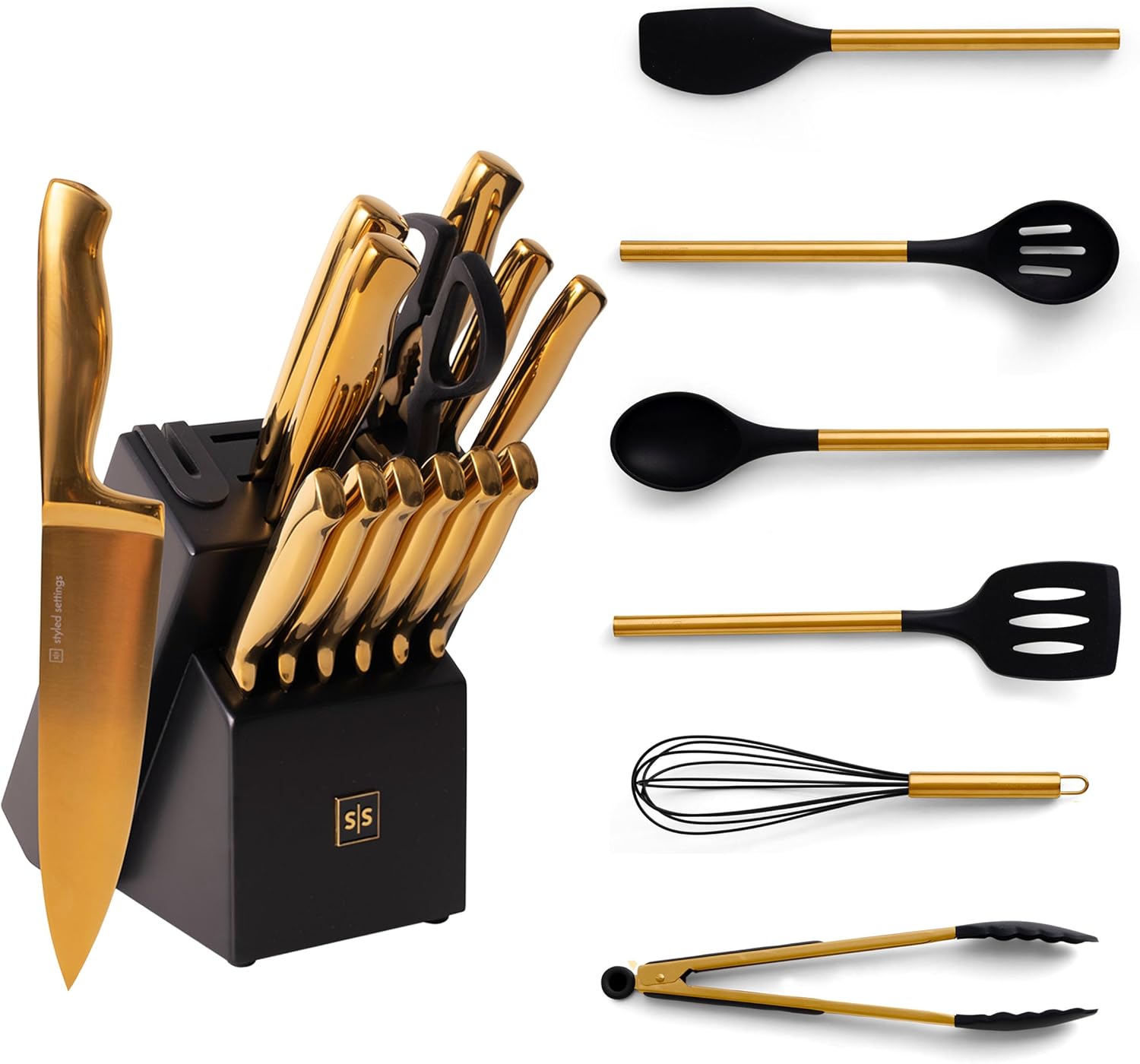 Black and Gold Knife Set with Block Self Sharpening with