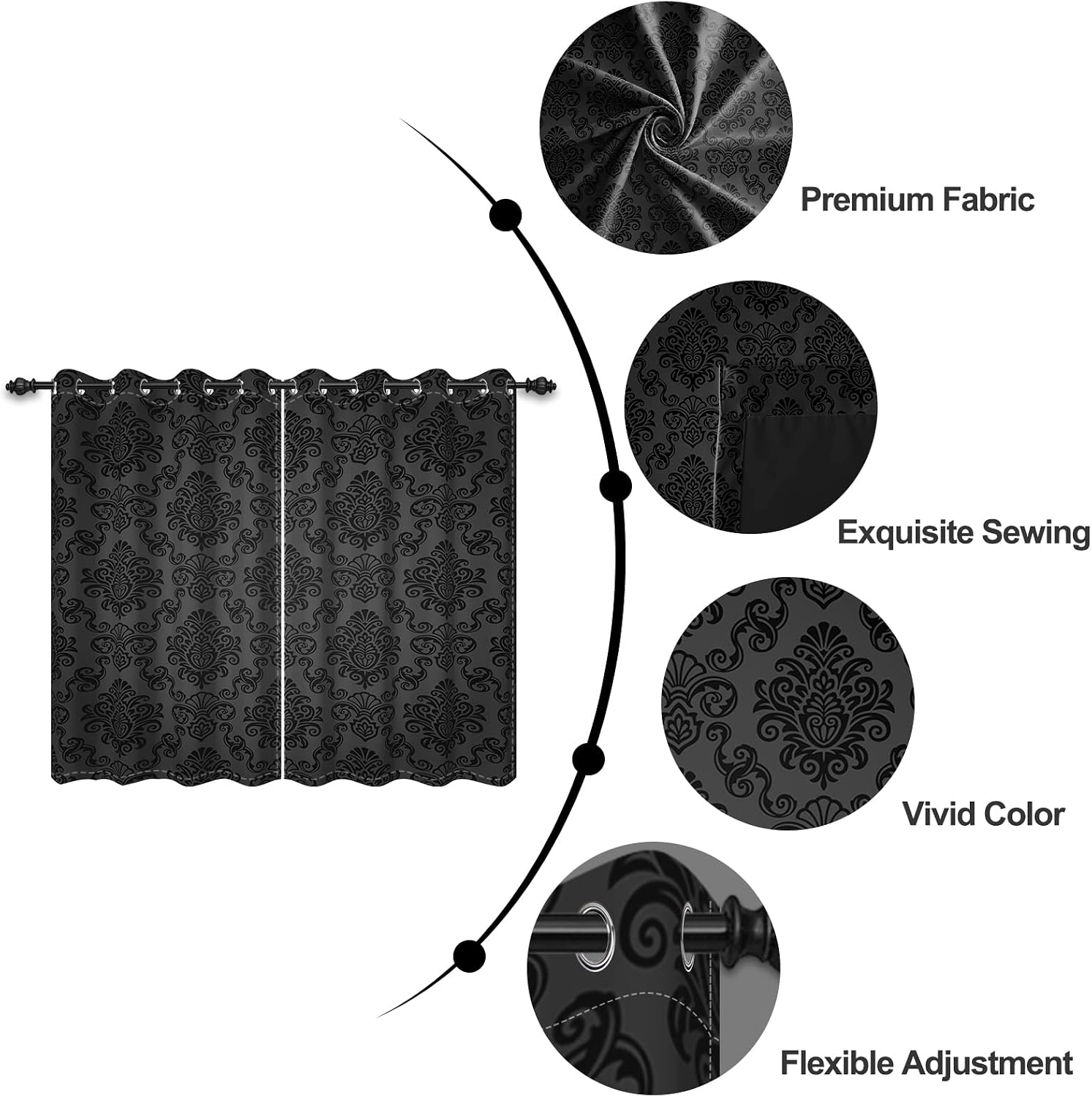 Black Damask Floral Blackout Curtain Vintage Classic Flower Pattern Printed Drapes 42 x 63 Inches Window Curtain Set for Living Room Bedroom Kitchen Decor, 2 Panels Grommet Drapes