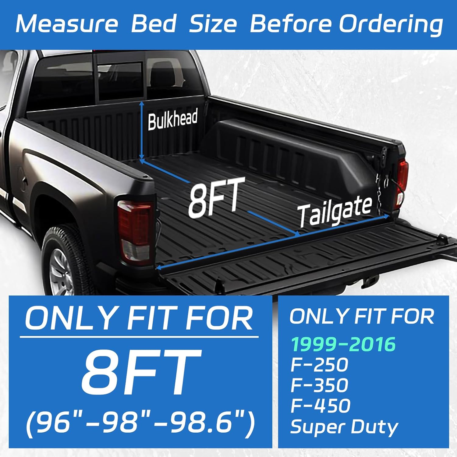 PZ Soft Truck Bed Tonneau Cover Compatible with 1999-2016 Ford F250 F350 F450 Super Duty Fleetside 8 Ft (96-98.6")