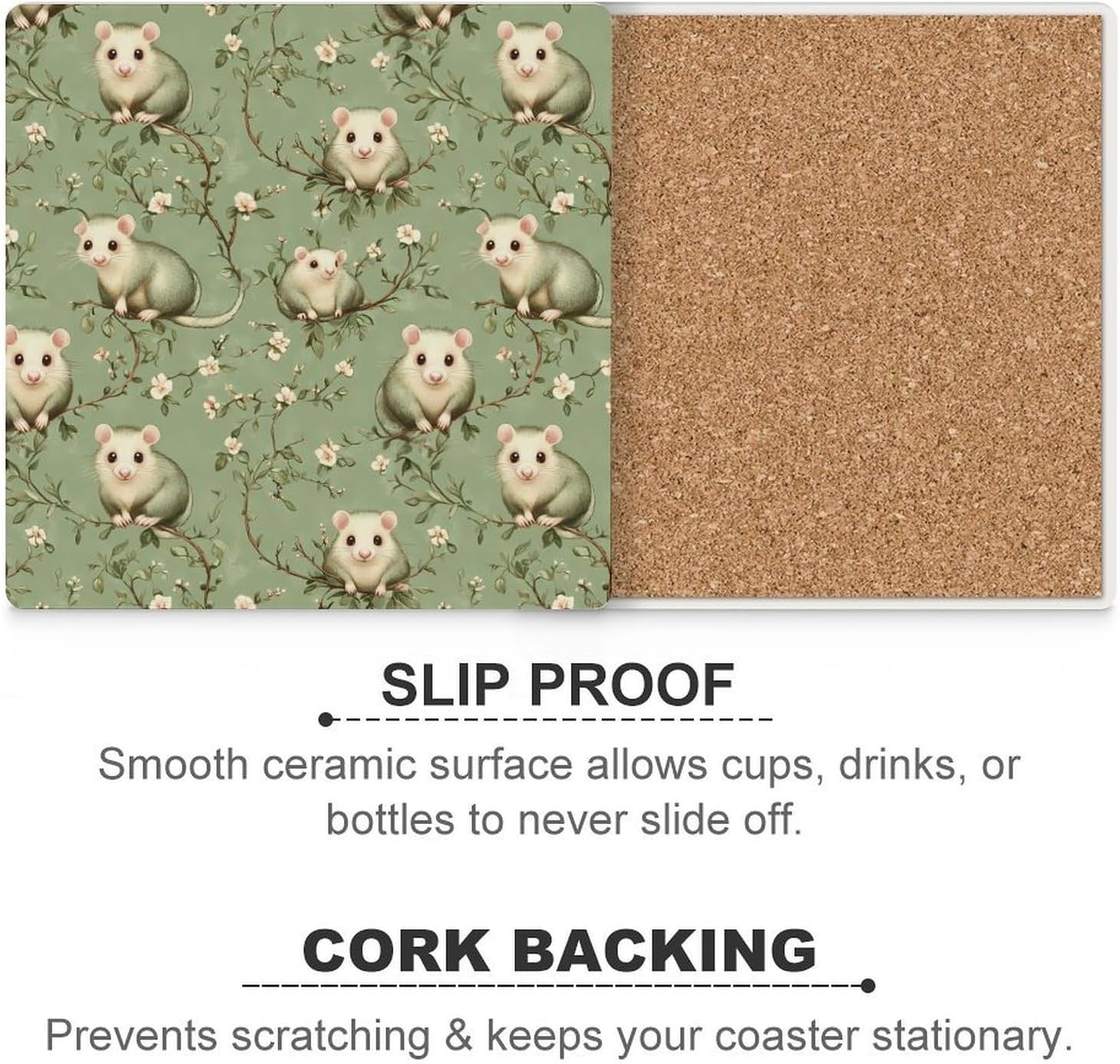 Opossums Ceramic Coasters Square Drinks Coaster Coffee Table Decor Table Coaster for Home Bar