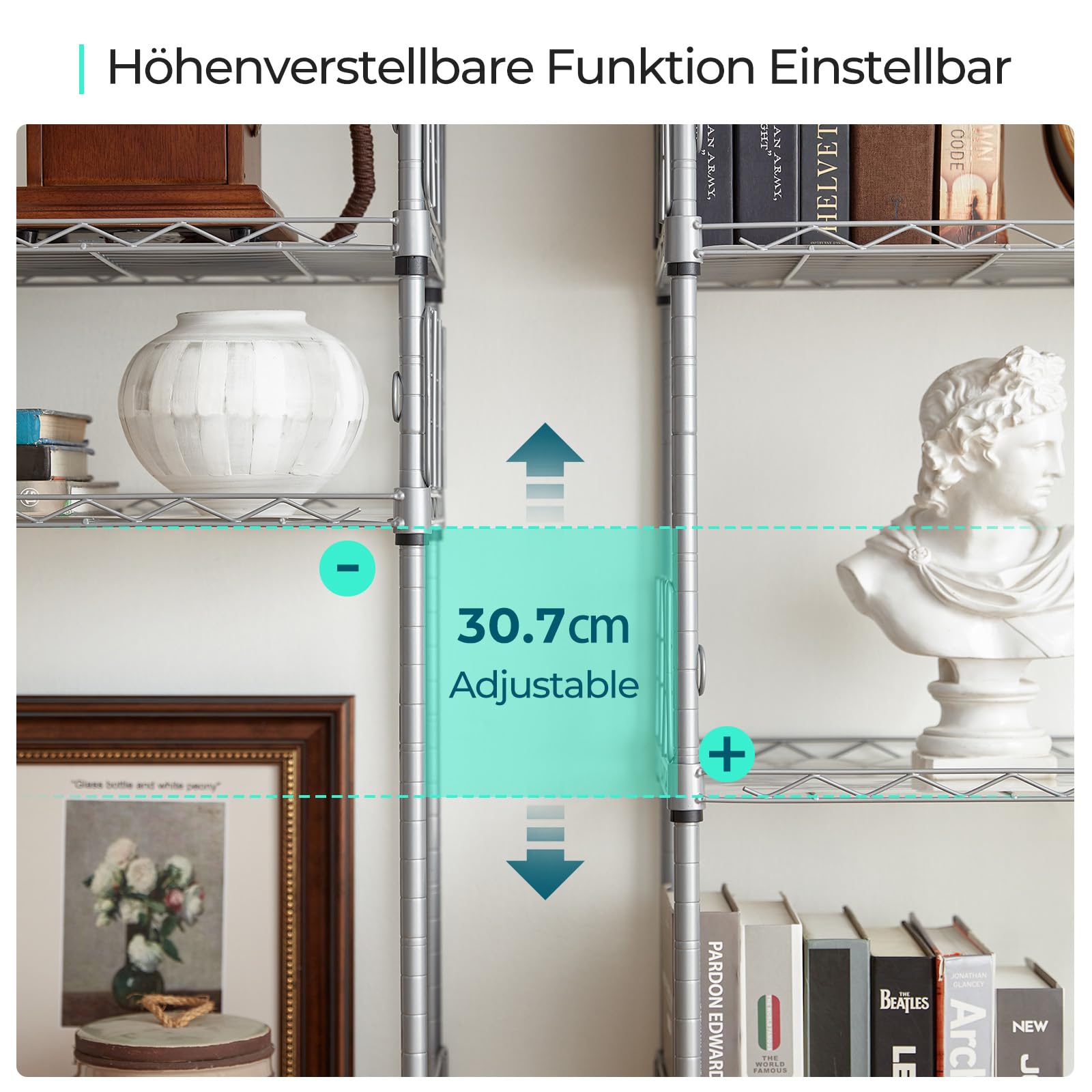 LINSY HOME Estantería de pie con 5 estantes, de Metal, con Ganchos extraíbles para sótano, salón, Oficina, soporta hasta 225 kg, 54 x 29 x 150 cm (Plata)