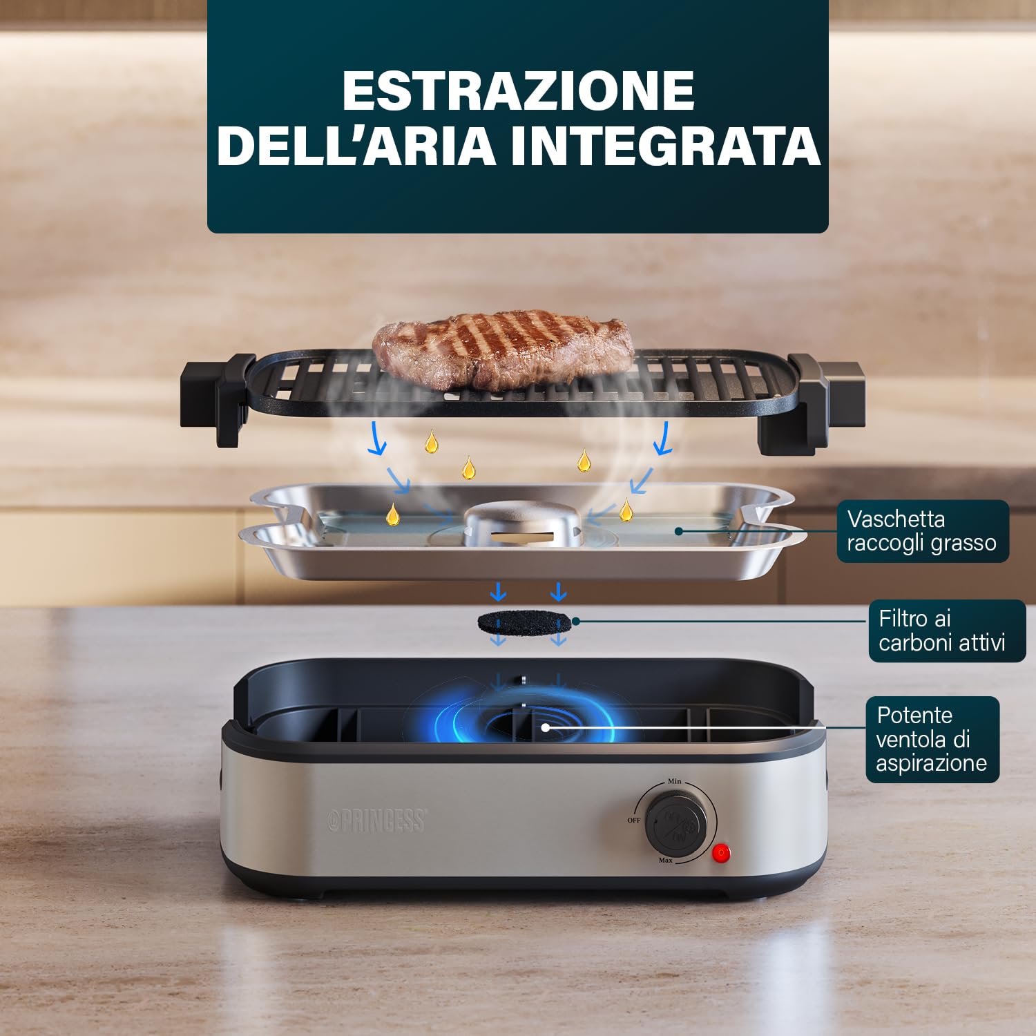 Princess Table Chef Grill da tavolo Purify, griglia elettrica senza fumo con sistema di filtraggio dell'aria, termostato regolabile, strato in ceramica senza PFAS, superficie di cottura 35 x 21 cm