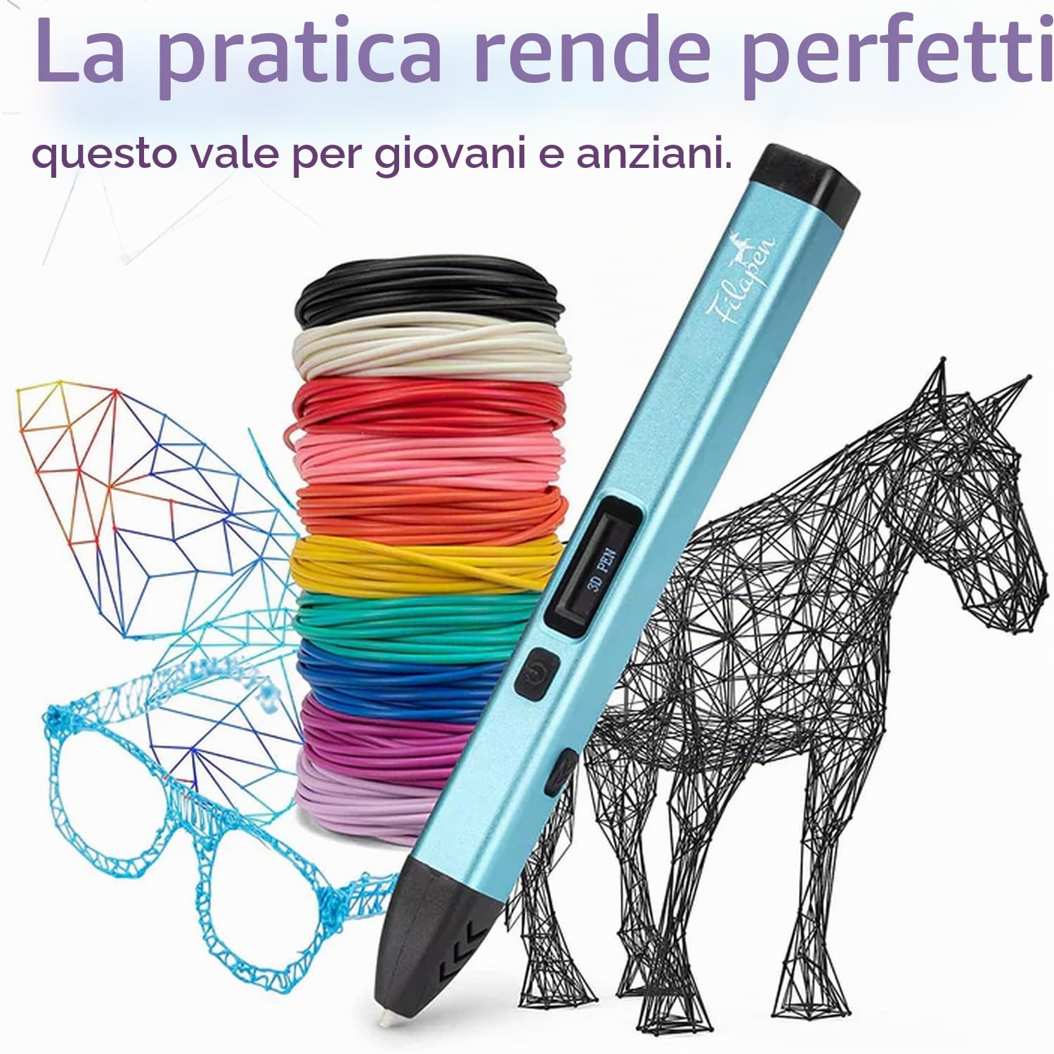 Filapen Penna 3D Premium con 10 filamenti e astuccio, penne 3D per bambini e adulti, con modelli, set di penne 3D per principianti e professionisti, set fai da te, con modelli
