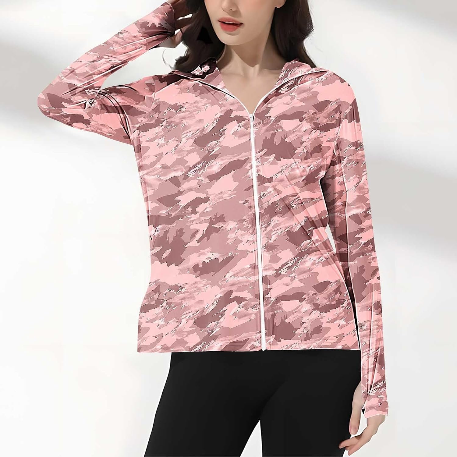 Camo Running Workout Sun Shirt for Women UPF 50+ Long Sleeve Zip Up Hoodie Jacket Lightweight UV Protection Clothing