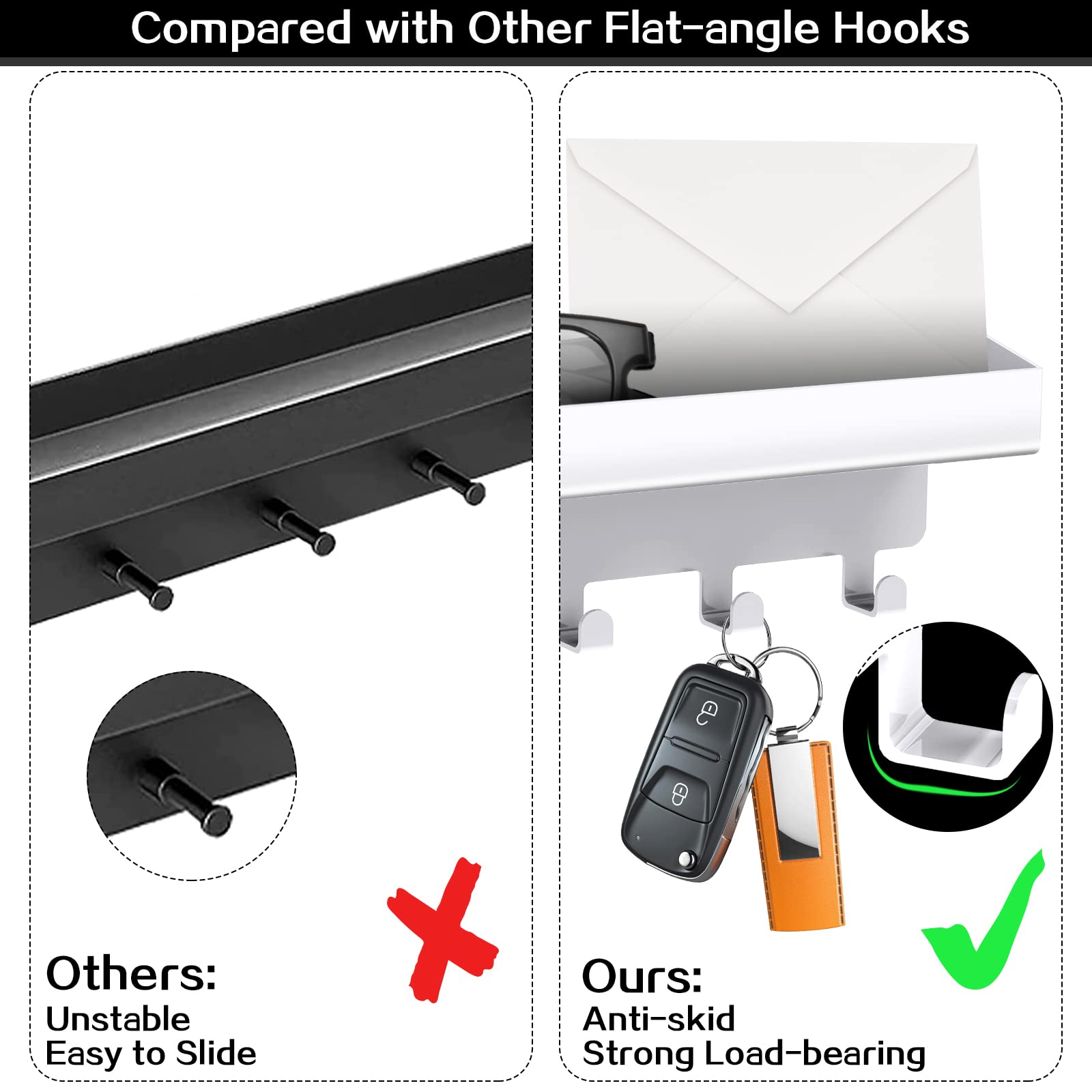 KingAcc Key Holder for Wall Decorative, Wall Mounted Key and Mail Organizer, Adhesive Key Rack with Tray for Entryway Hallway Kitchen Farmhouse, Metal Key Hanger with 6 Key Hooks(White)