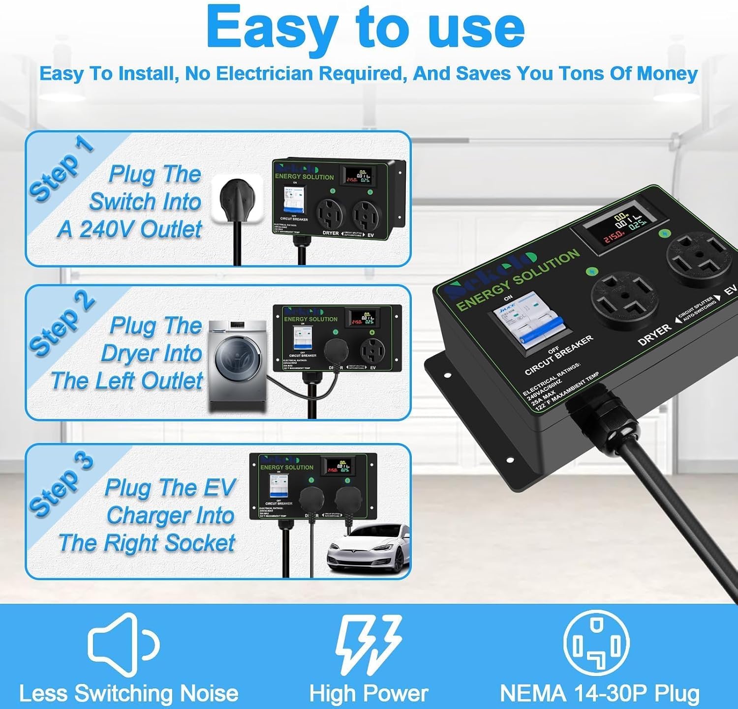 Smart EV Charging Integration: Sekelo Automatic Power Switch for Dryer & EV, NEMA 14-30, 240V, 24A 5.76kW Max Power Splitter, Fast Charging, Real-time Display