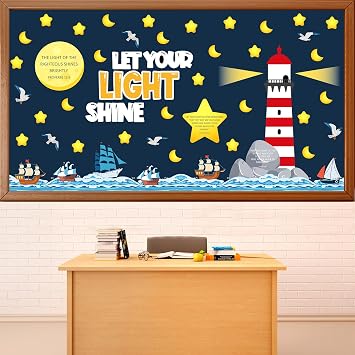 109Pcs Christian Religious Bulletin Board Set Let Your Light Shine Classroom Decoration VBS 2026 Bible Verse Lighthouse Paper Cutout for Church Easter Sunday School Chalkboard Door Wall Decor