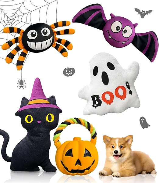 Swooflia 5 Pcs Halloween Dog Toy - Funny Squeaky Plush Dog Toy for Puppy Small Breed Dogs to Keep Them Busy, Cute Pumpkin, Black Cat, Interactive Doggie Toys (Not for Big Dog & Aggressive Chewer)