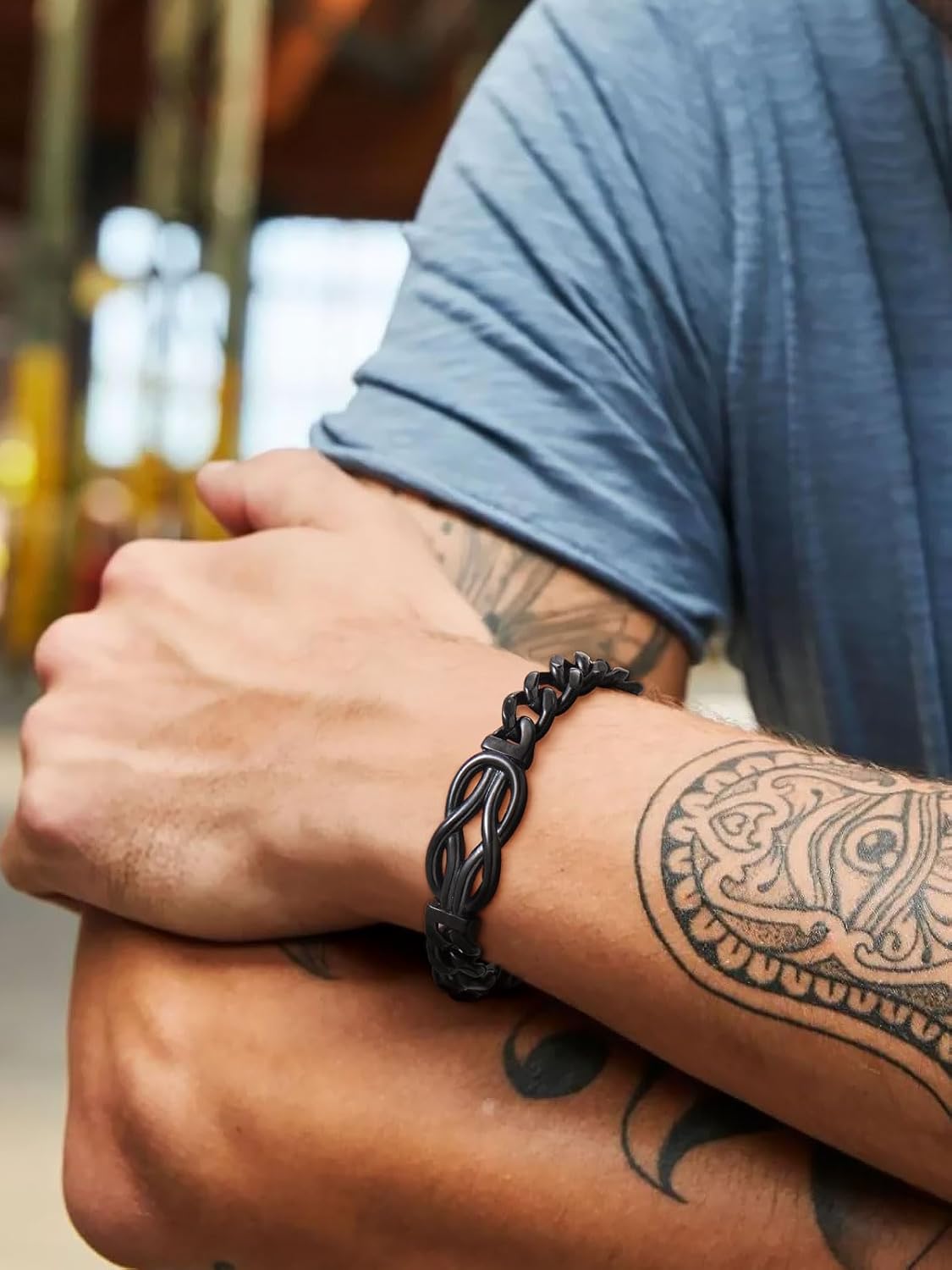 ChainsHouse Square Love Knot Bracelets for Men Braided Leather Stainless Steel Infinity Bracelets with Love Message Card Aniversary Birthday Gift for Men/Love/Husband/Dad