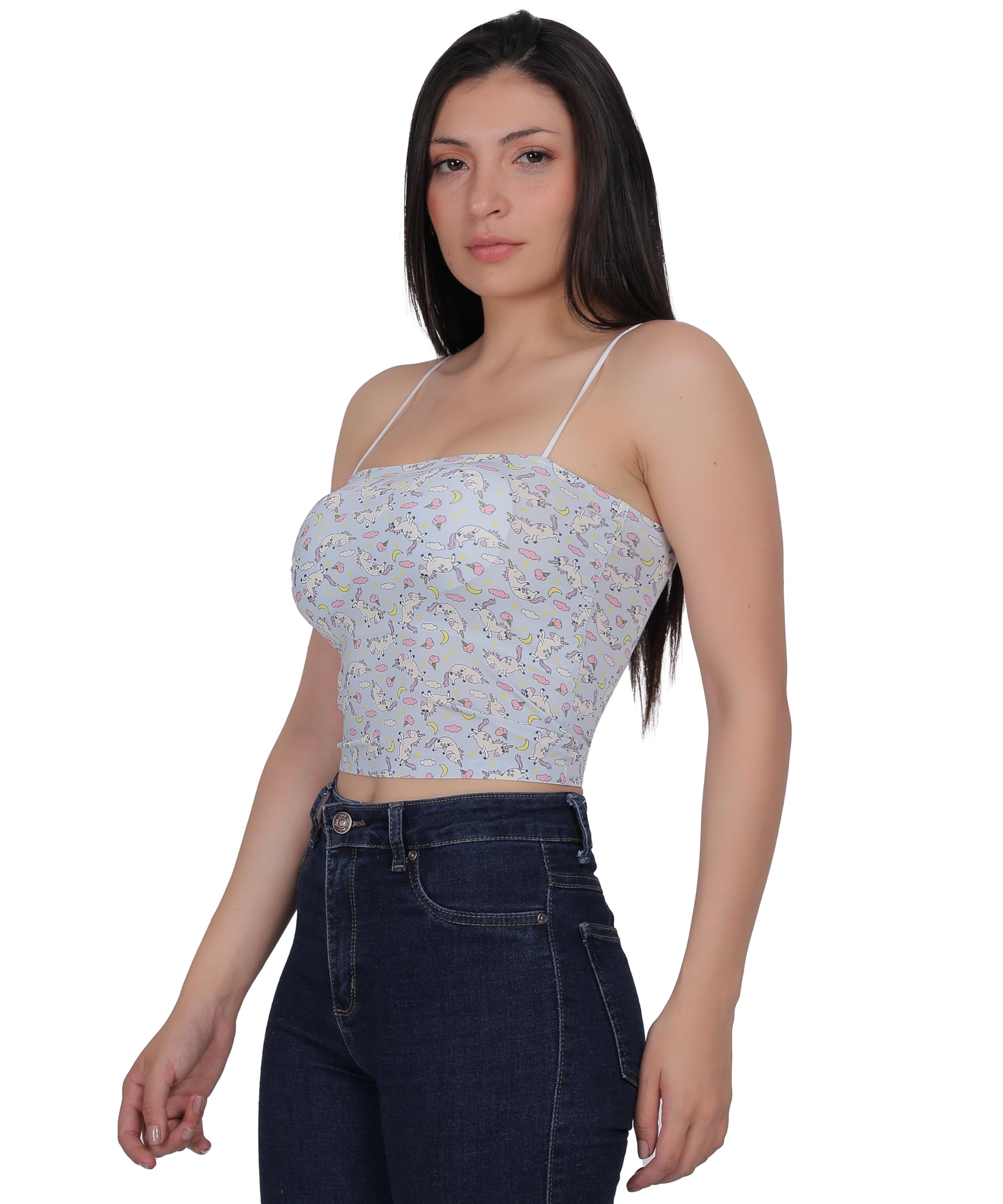 Women's Printed Strappy Crop Top, Light Blue Unicorn Pattern, Nylon Blend, Body Fit, Moisture Wicking, Modern Athletic Style, Sleeveless Summer Fashion for College, Casual-image-42