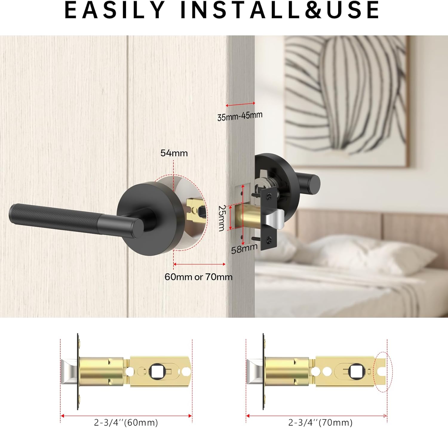 FILTA 6 Pack Black Door Handles Interior Passage Round Door Handle Knobs Knurled Heavy Duty Keyless Door Lever Lock for Bedroom and Bathroom