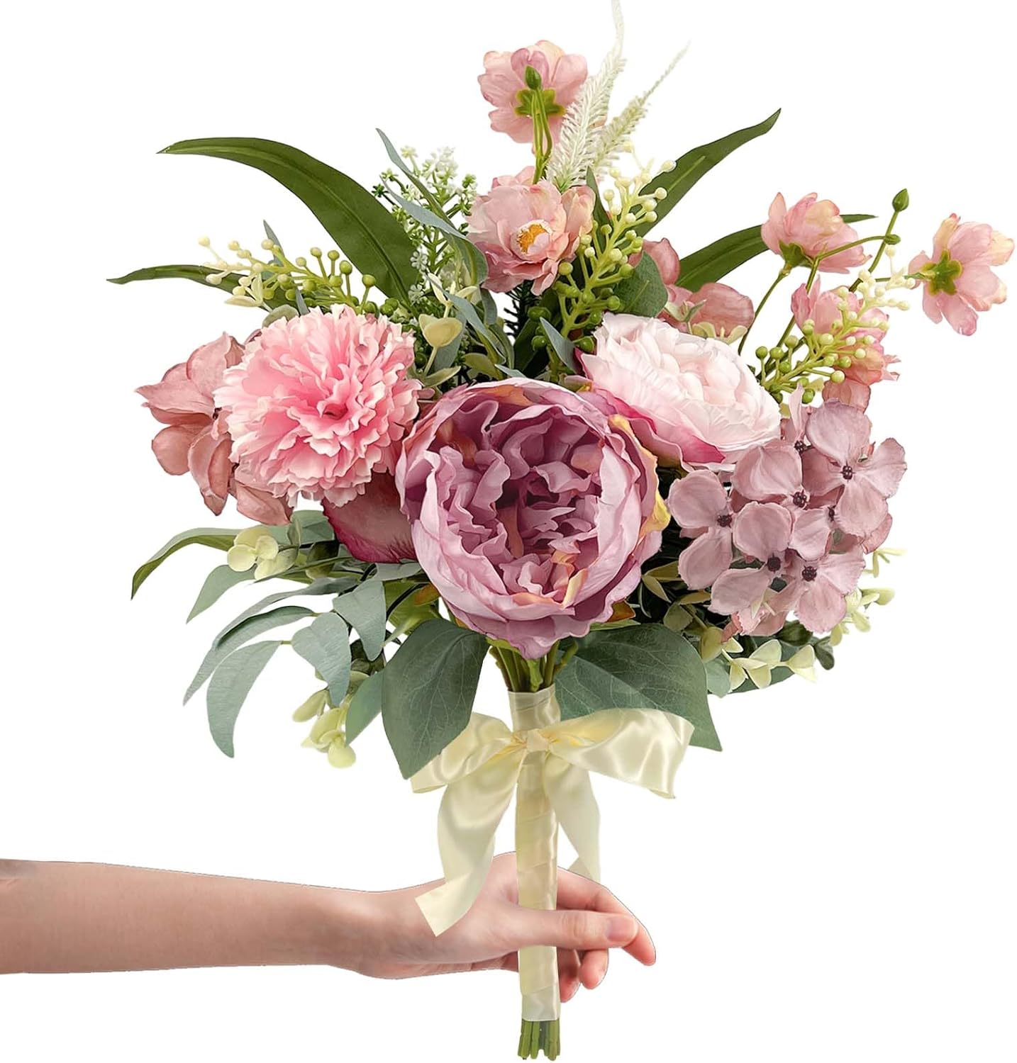 Daily Treasures Fake Artificial Flowers Bouquet for Decoration, Silk Fake Flower Arrangements Wedding Bouquets, Hydrangeas, Peonies and Allium Flowers for Home Kitchen Garden Wedding Party(Pink)