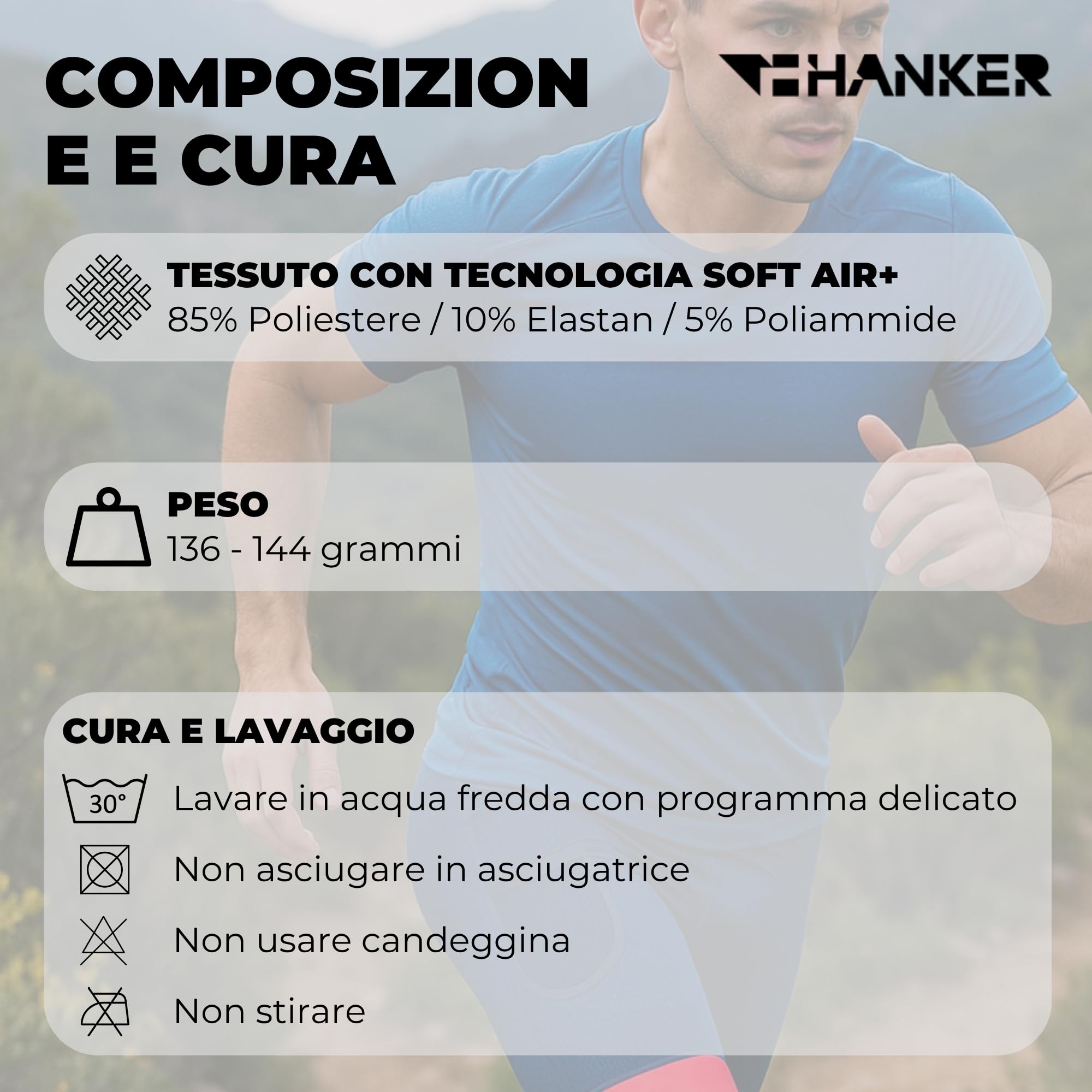 HANKER Maglia corta a compressione da uomo con tessuto termoregulatore, ampie tasche e cuciture piatte. Ideale corsa e trail running