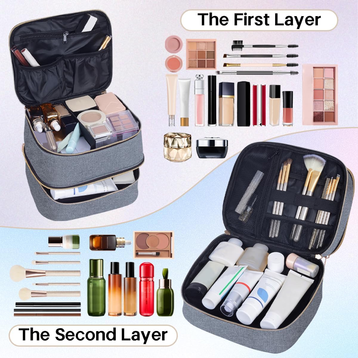Double Layer Makeup Bag Portable Large Cosmetic Case Organizer with Adjustable Dividers Storage Travel Bag for Accessories Brushes Conditioner and Skin Care Products (Gray Gold)