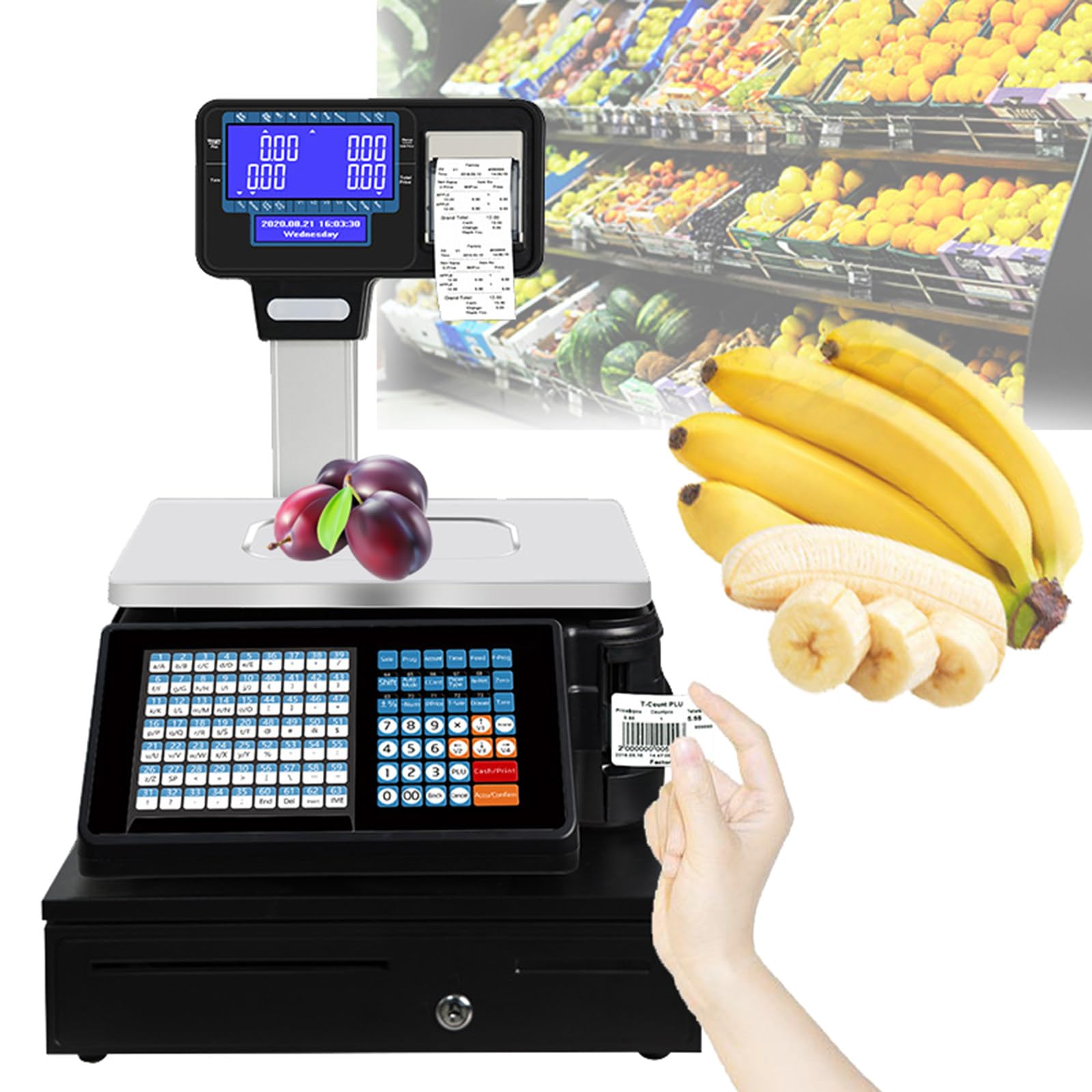 MYUYEE 30Kg/60Lbs Printing Scale Dual Screen Display Label Printing Scale Commercial Cash Register For Supermarket/Retail Store/Warehouse Weighing (A)