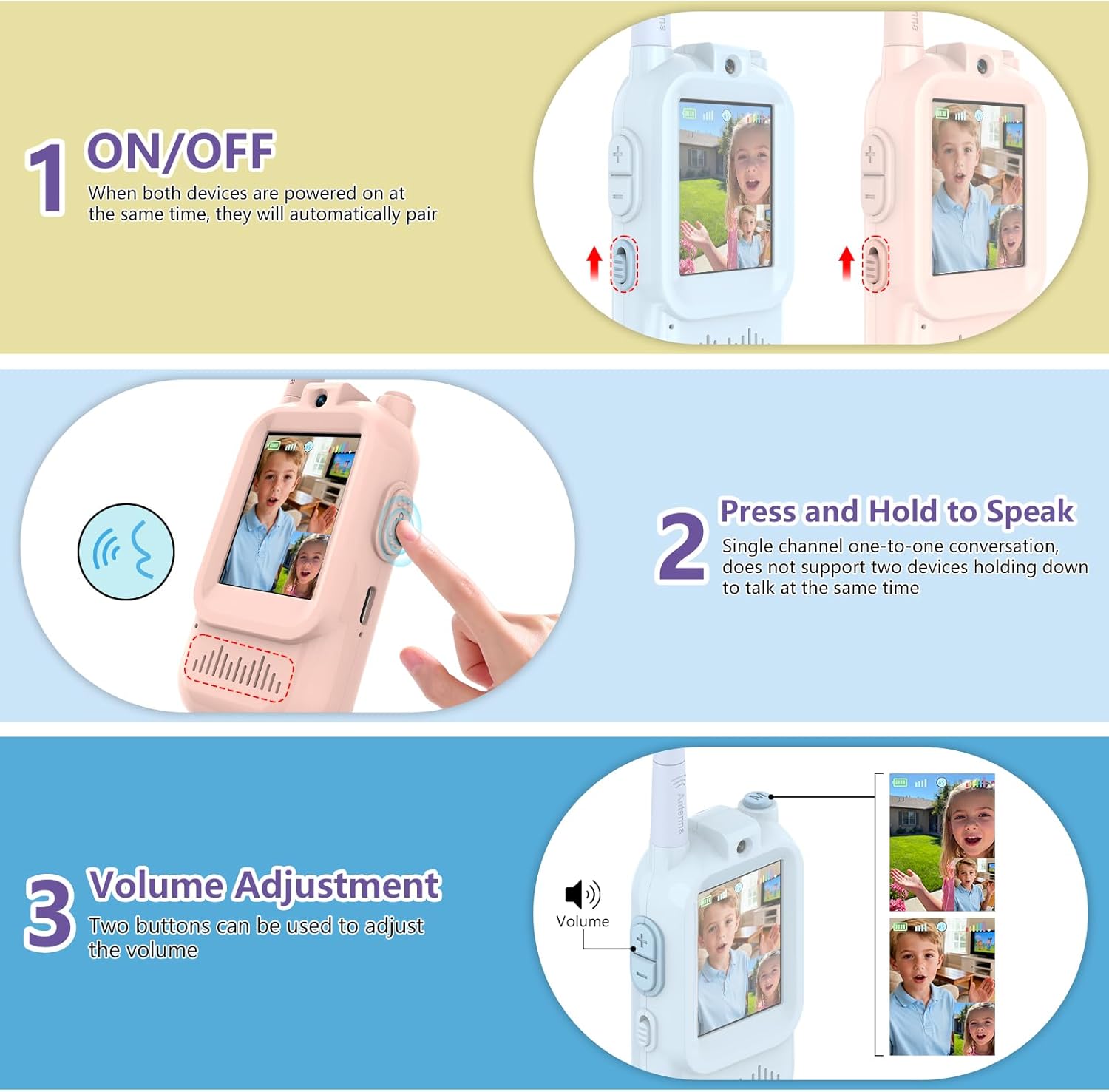 Video Walkie Talkies for Kids, 2 Pack Rechargeable Kids Walkie Talkies, Screen Display and Voice Changer, Indoor Outdoor for Boys and Girls, Age 3-12 (Blue & Pink) - Image 4